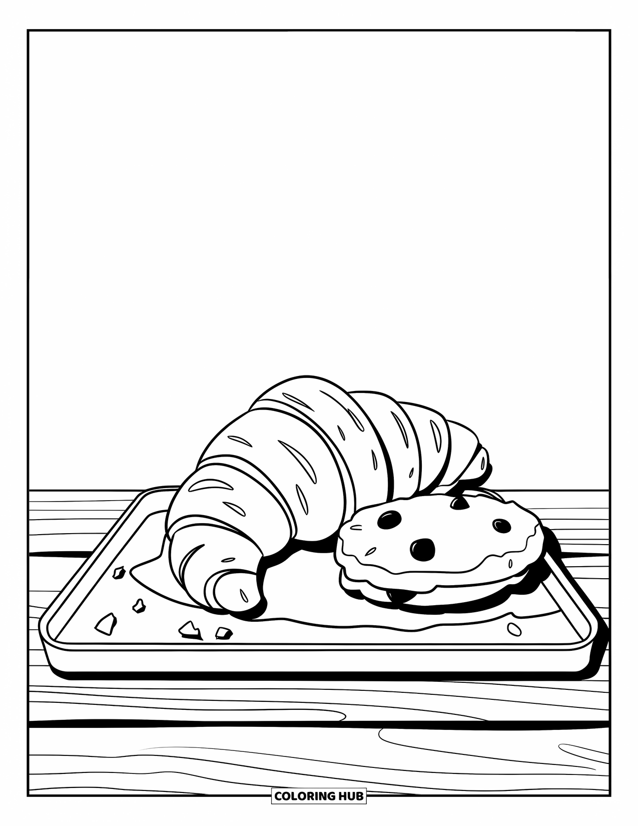 Bakery Coloring Page for Kids: A tray holding a croissant and a cookie on a wooden table