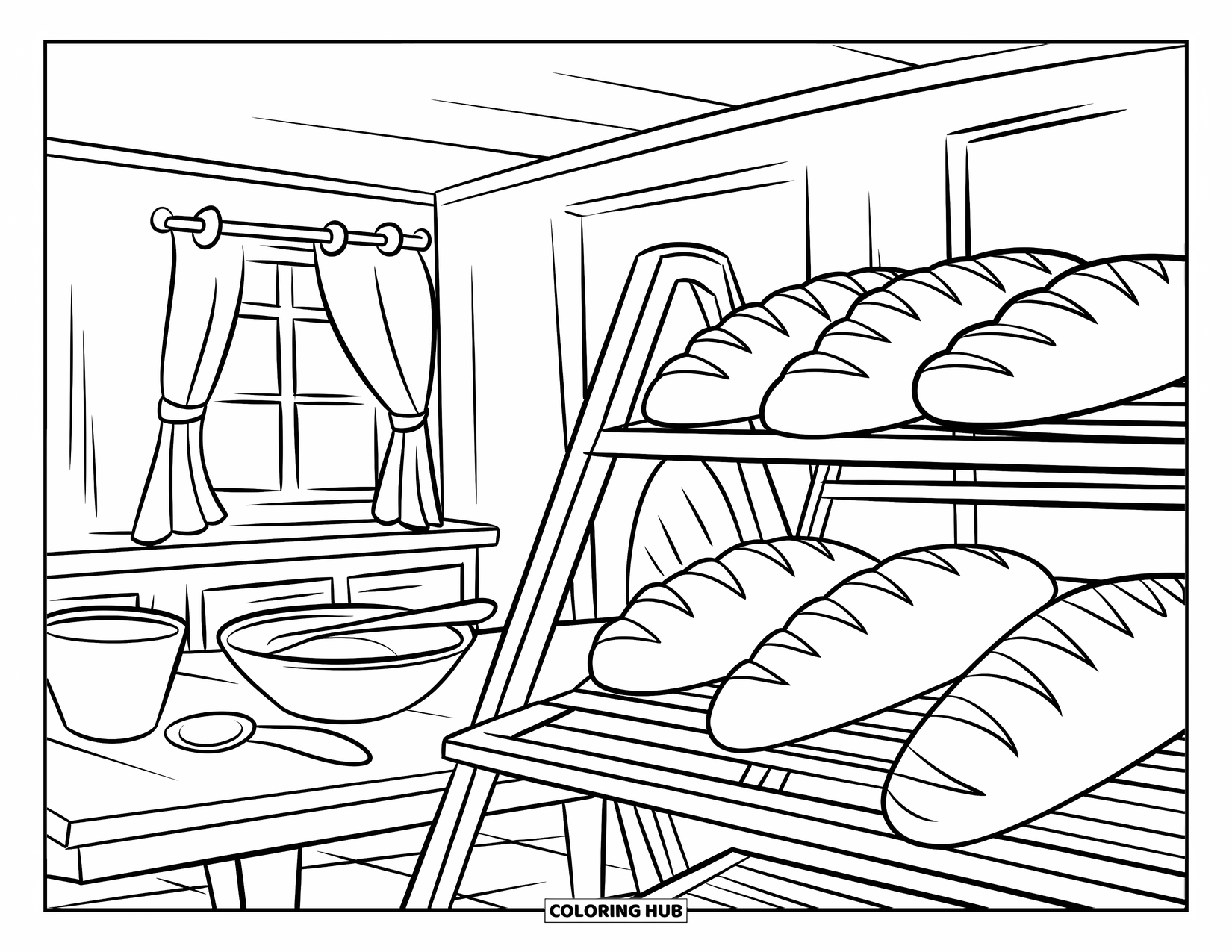 Bakery Coloring Page for Kids: A warm bakery kitchen with bread, a table, and a window