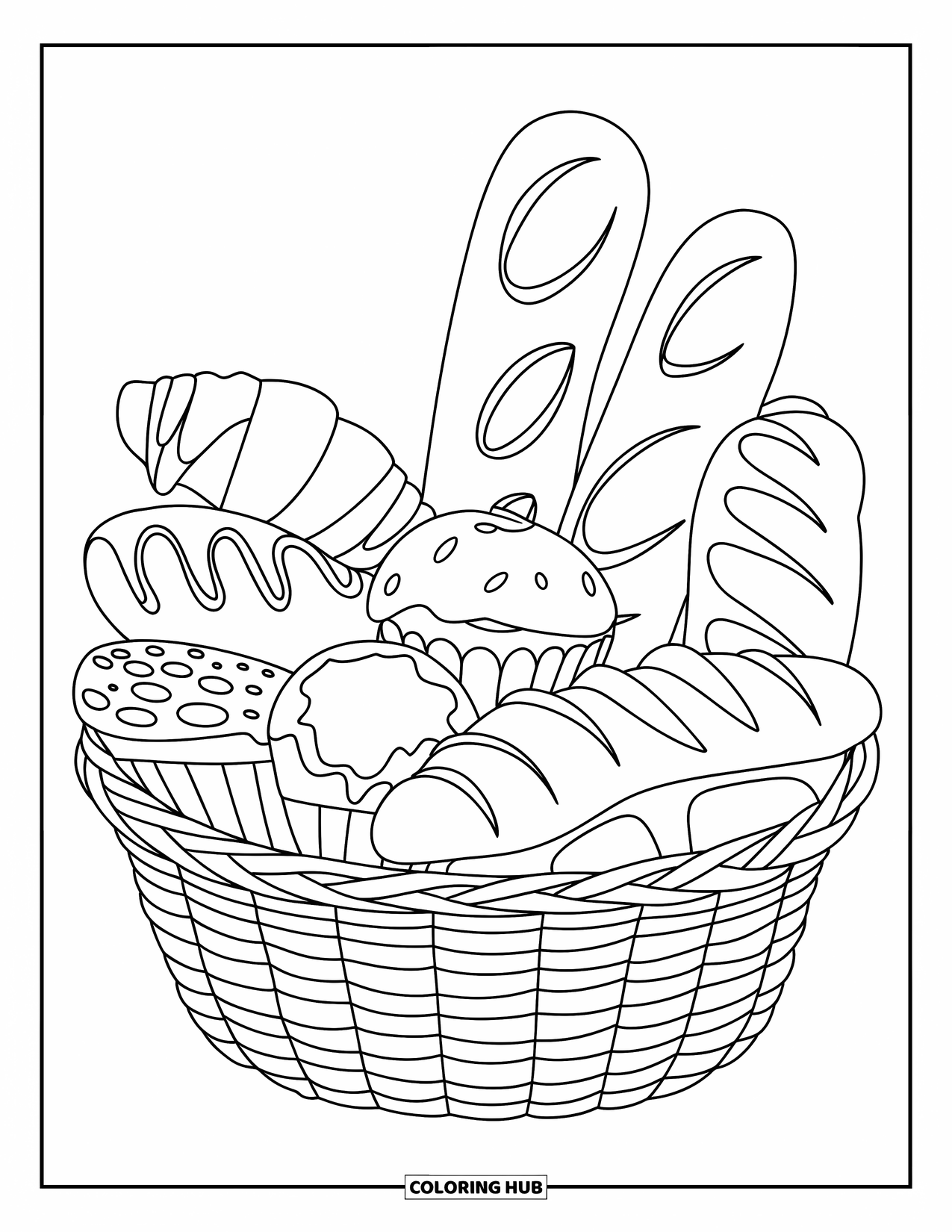 Bakery Coloring Page for Kids: A woven basket filled with pastries, muffins, and fresh bread rolls