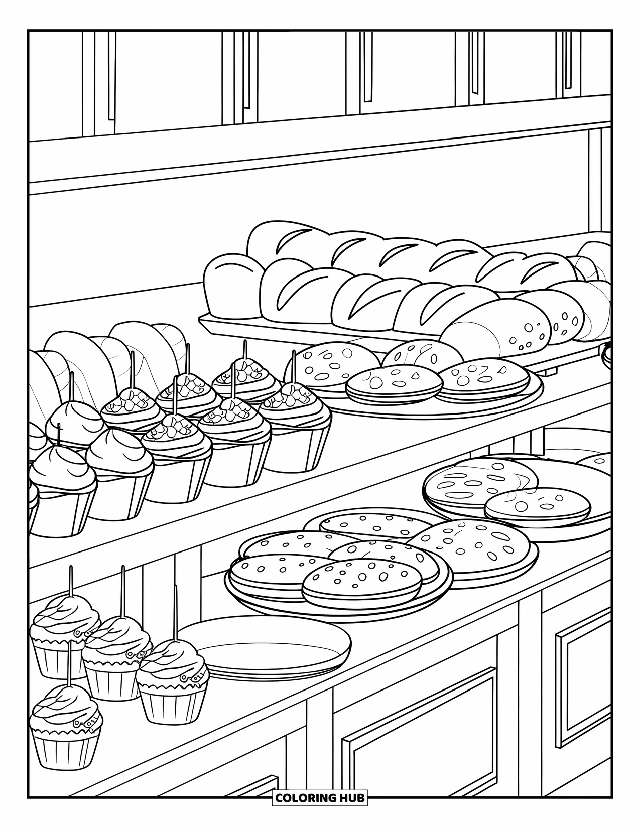 Bakery Coloring Page for Kids: Cupcakes, cookies, and bread lined up on a bakery counter