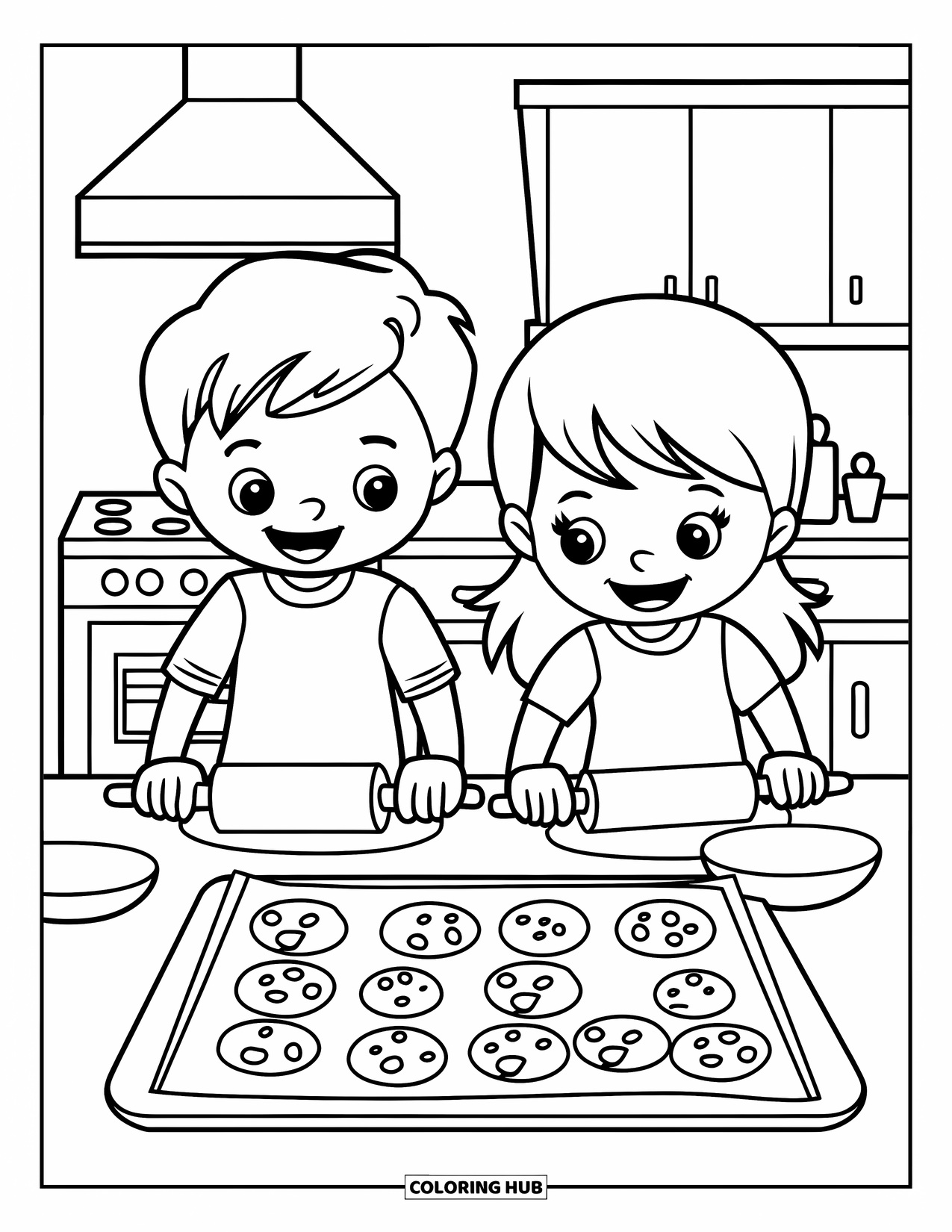 Bakery Coloring Page for Kids: Two kids baking cookies with rolling pins and trays in a kitchen