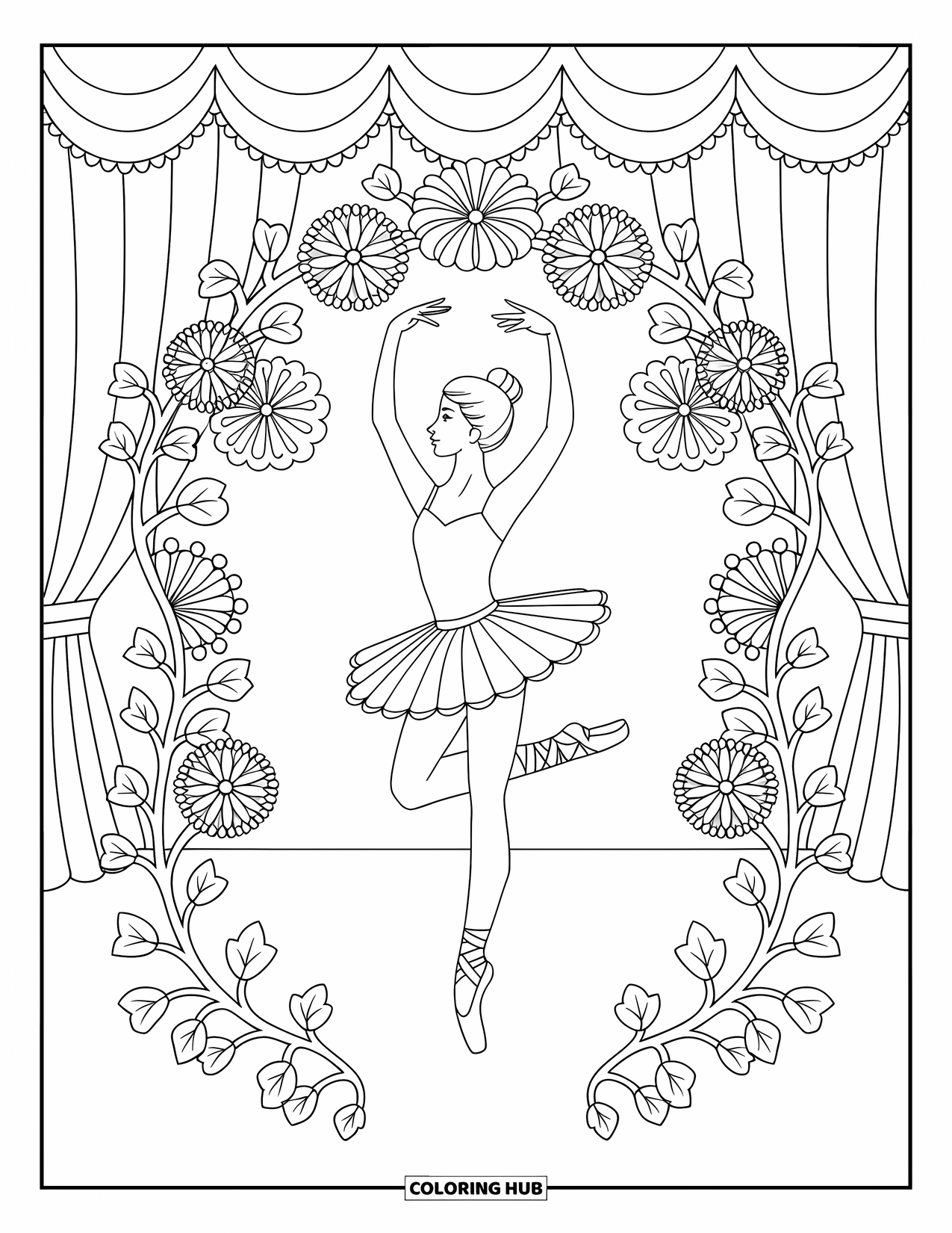 Ballet Coloring Page for Adults: A ballerina balances en pointe surrounded by floral mandala vines