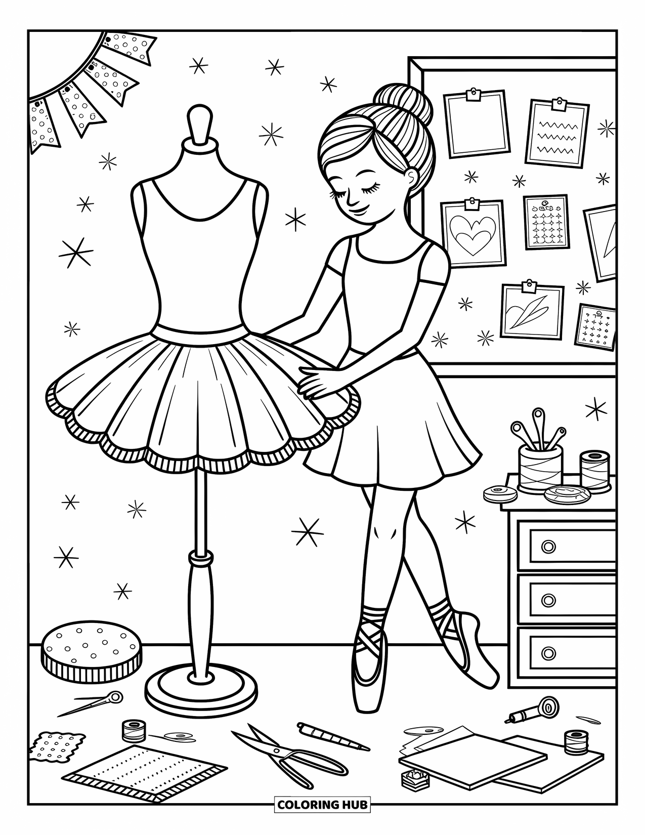 Ballet Coloring Page for Adults: A ballerina gazes fondly at a tutu in her charming costume room