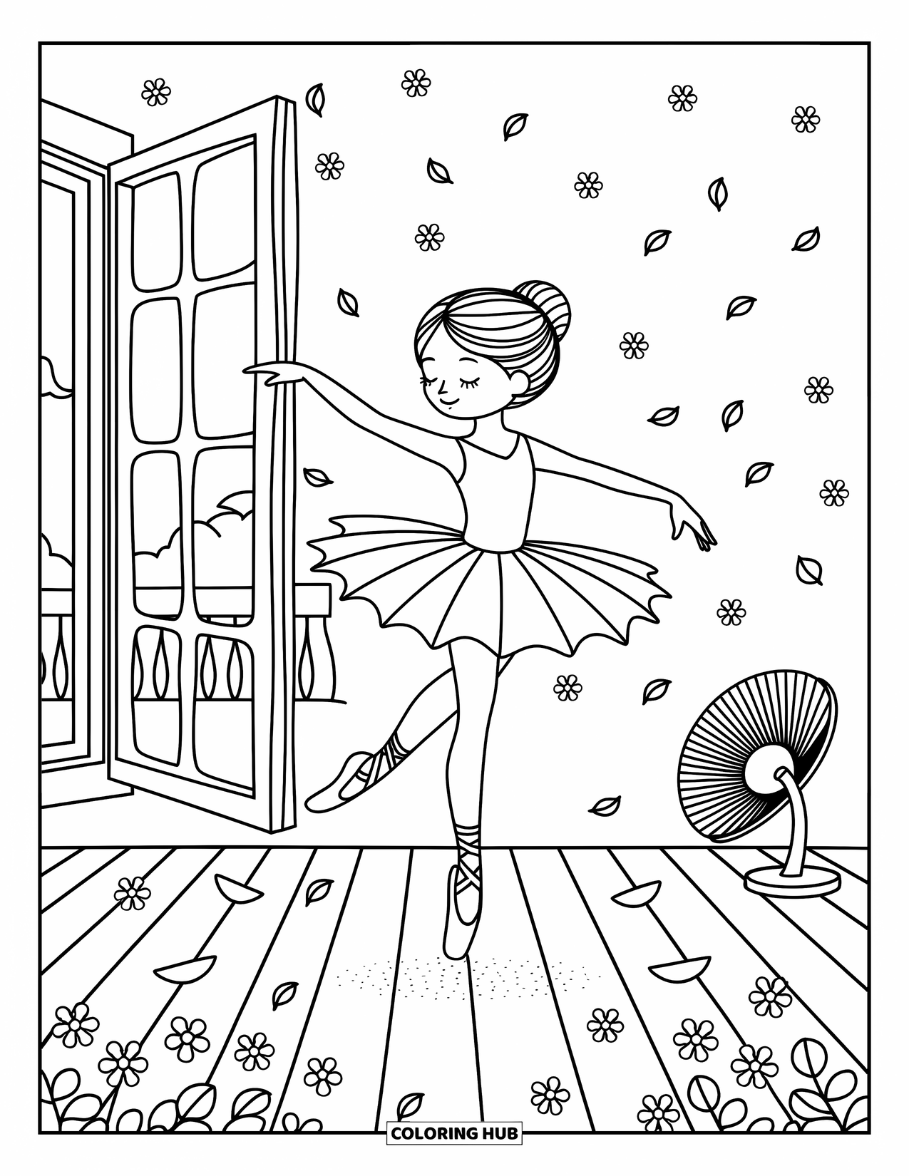 Ballet Coloring Page for Adults: A ballerina leaps as petals swirl around her in a bright rehearsal space