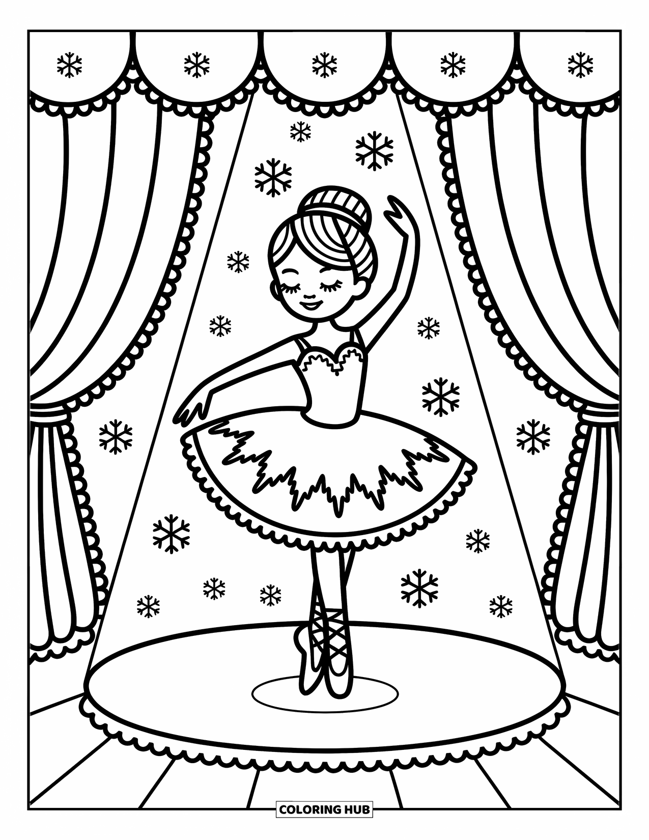 Ballet Coloring Page for Adults: A ballerina performs a frosty dance surrounded by snowflakes and warm light