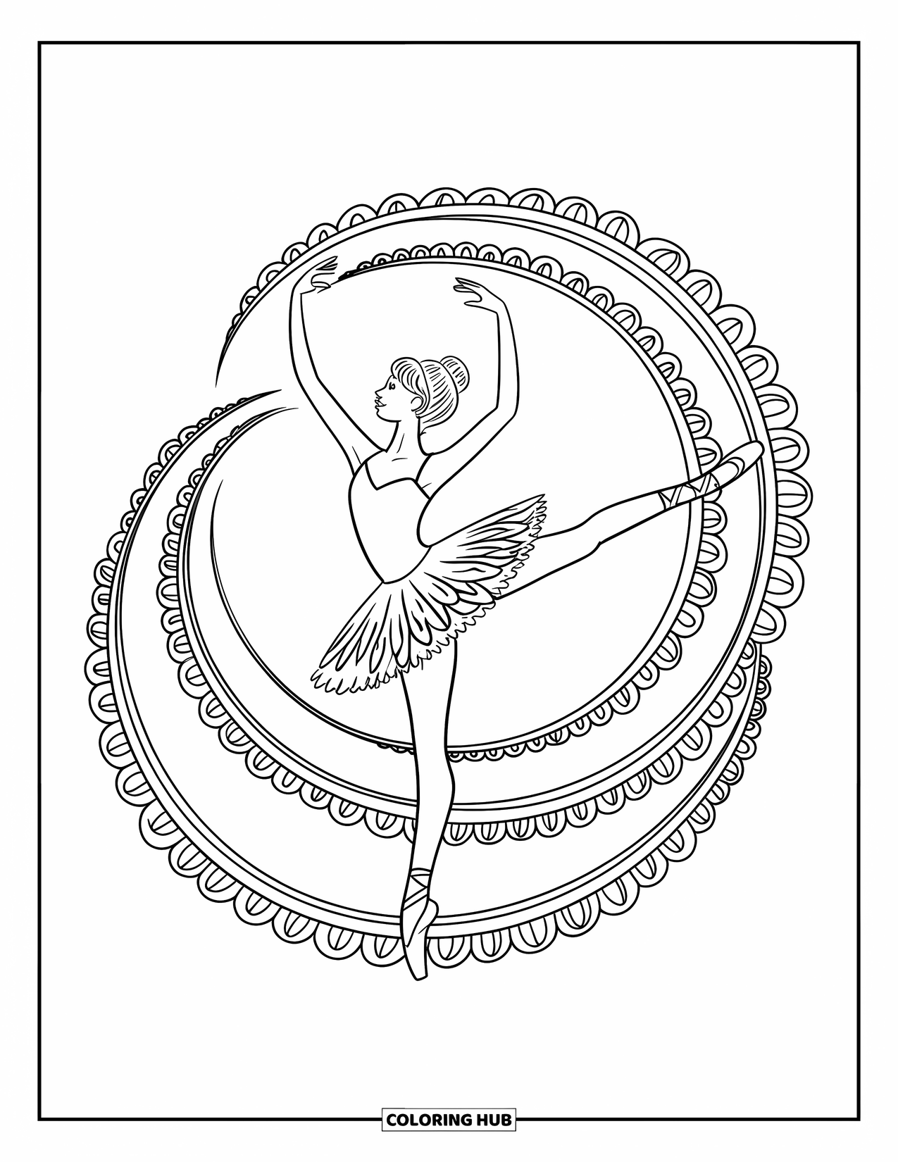 Ballet Coloring Page for Adults: A ballerina poses in arabesque within rings of botanical designs
