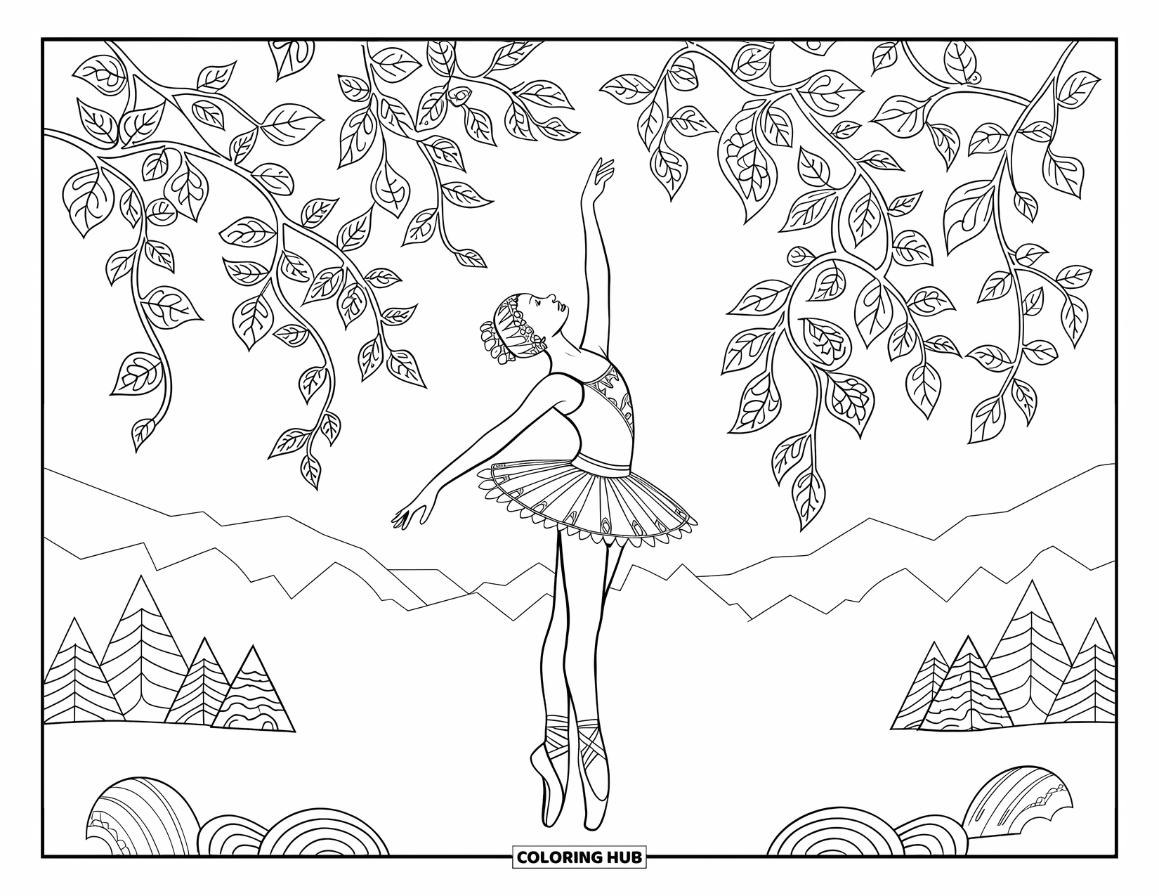 Ballet Coloring Page for Adults: A ballerina reaches upward surrounded by cascading patterned vines and mountains