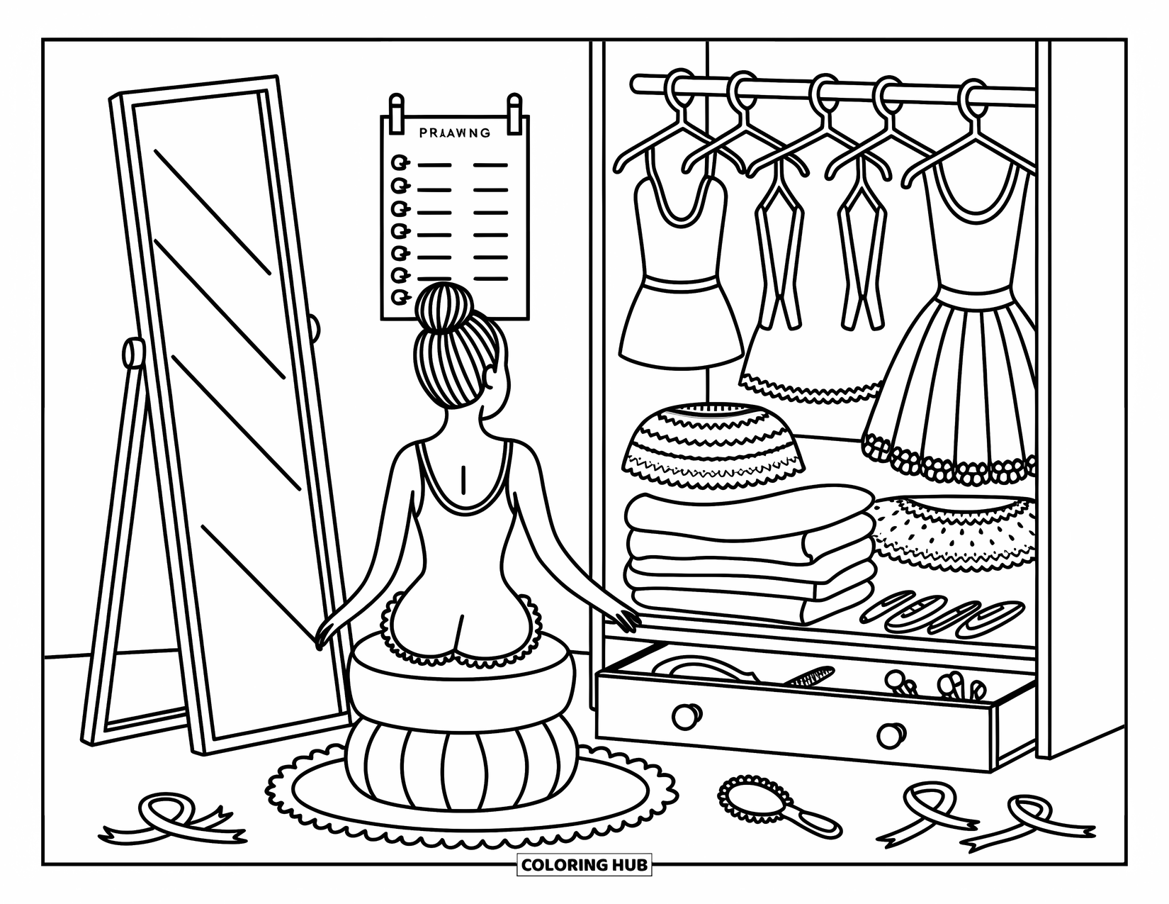 Ballet Coloring Page for Adults: A ballerina sits before her mirror in a cozy, charming dressing room