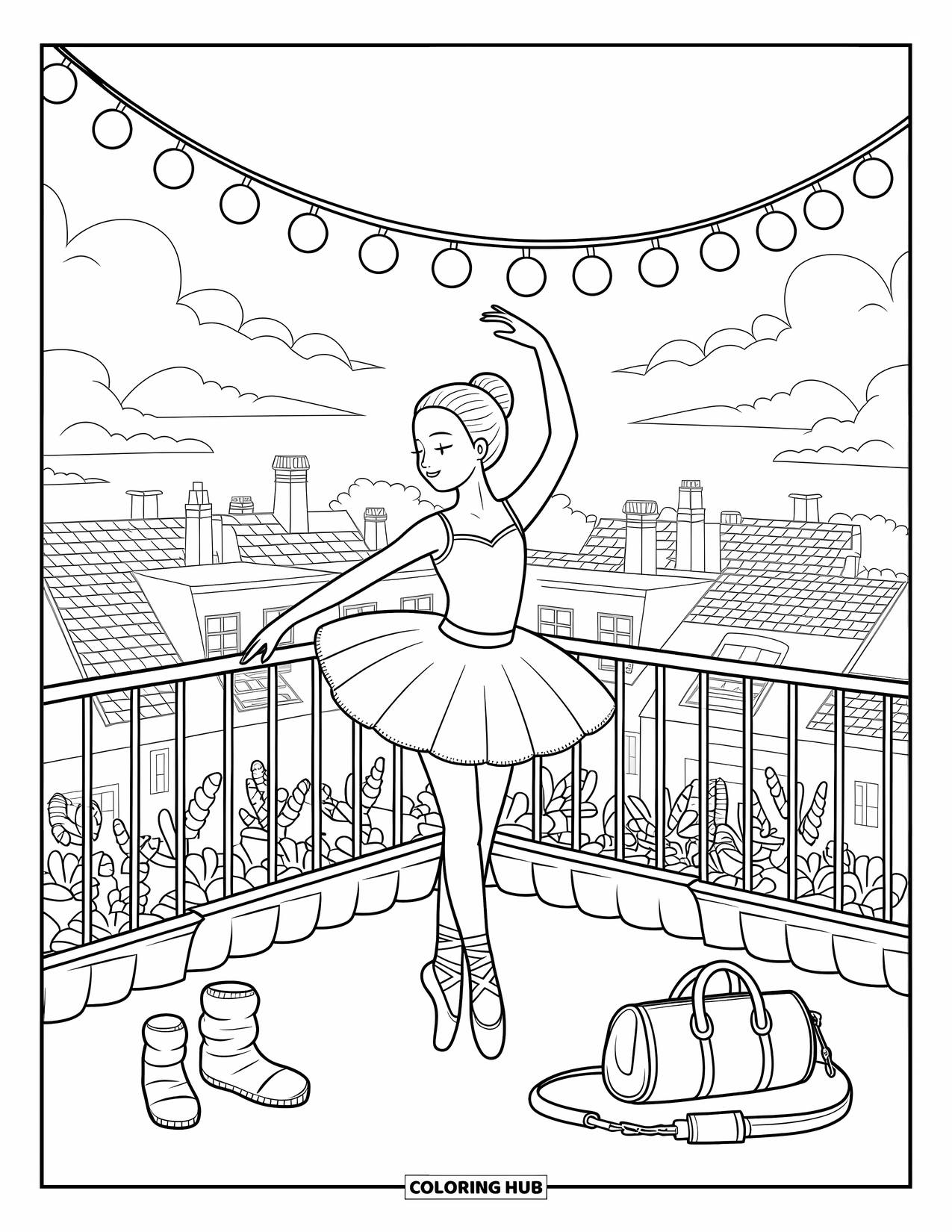 Ballet Coloring Page for Adults: A ballerina spins joyfully on a rooftop surrounded by lights and flowers