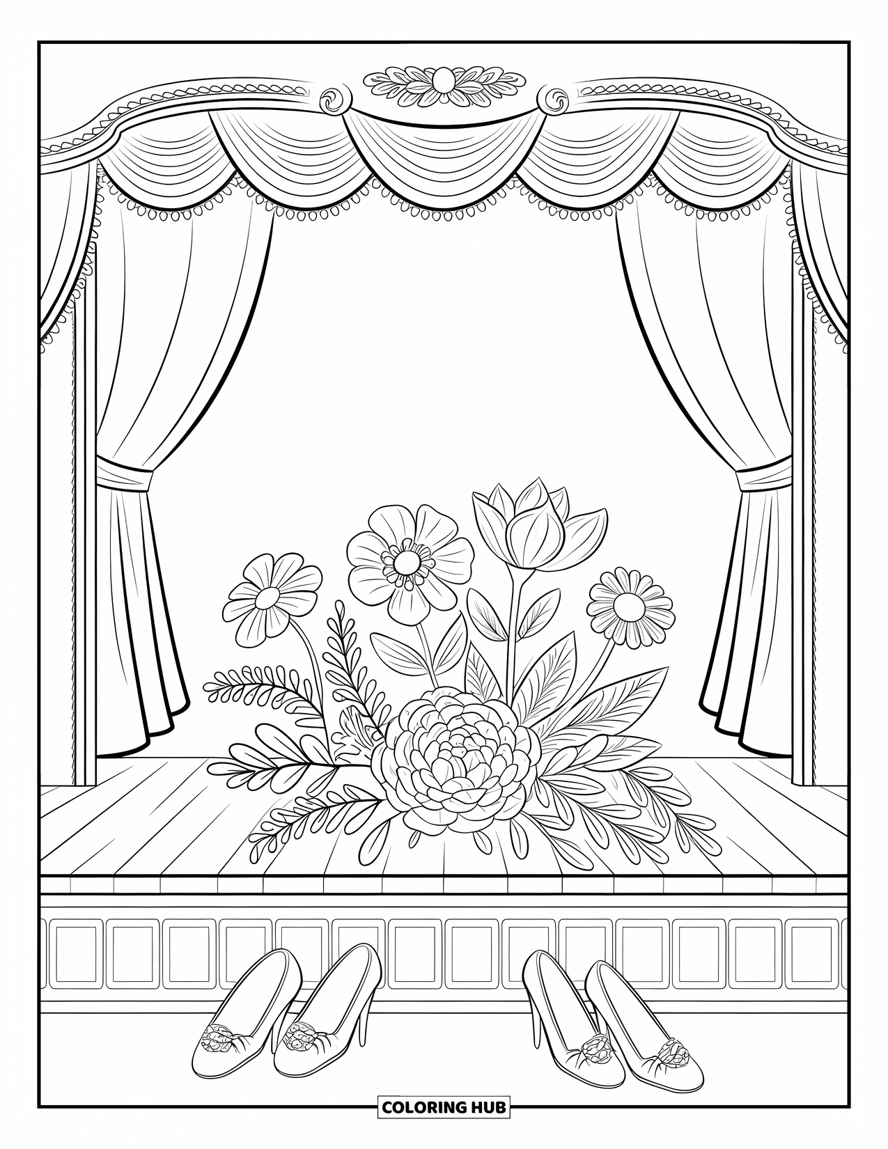 Ballet Coloring Page for Adults: A curtain opens to reveal flowers blooming beside a pair of shoes