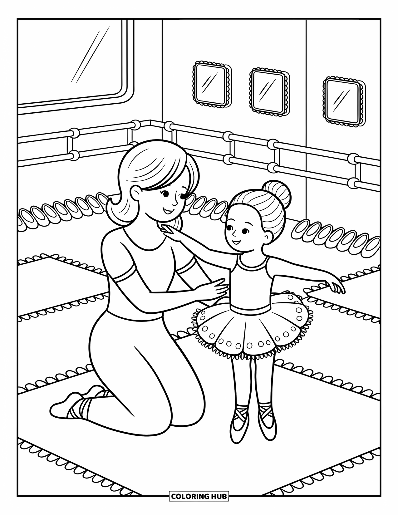 Ballet Coloring Page for Adults: A kind teacher guides a tiny ballerina standing in her tutu