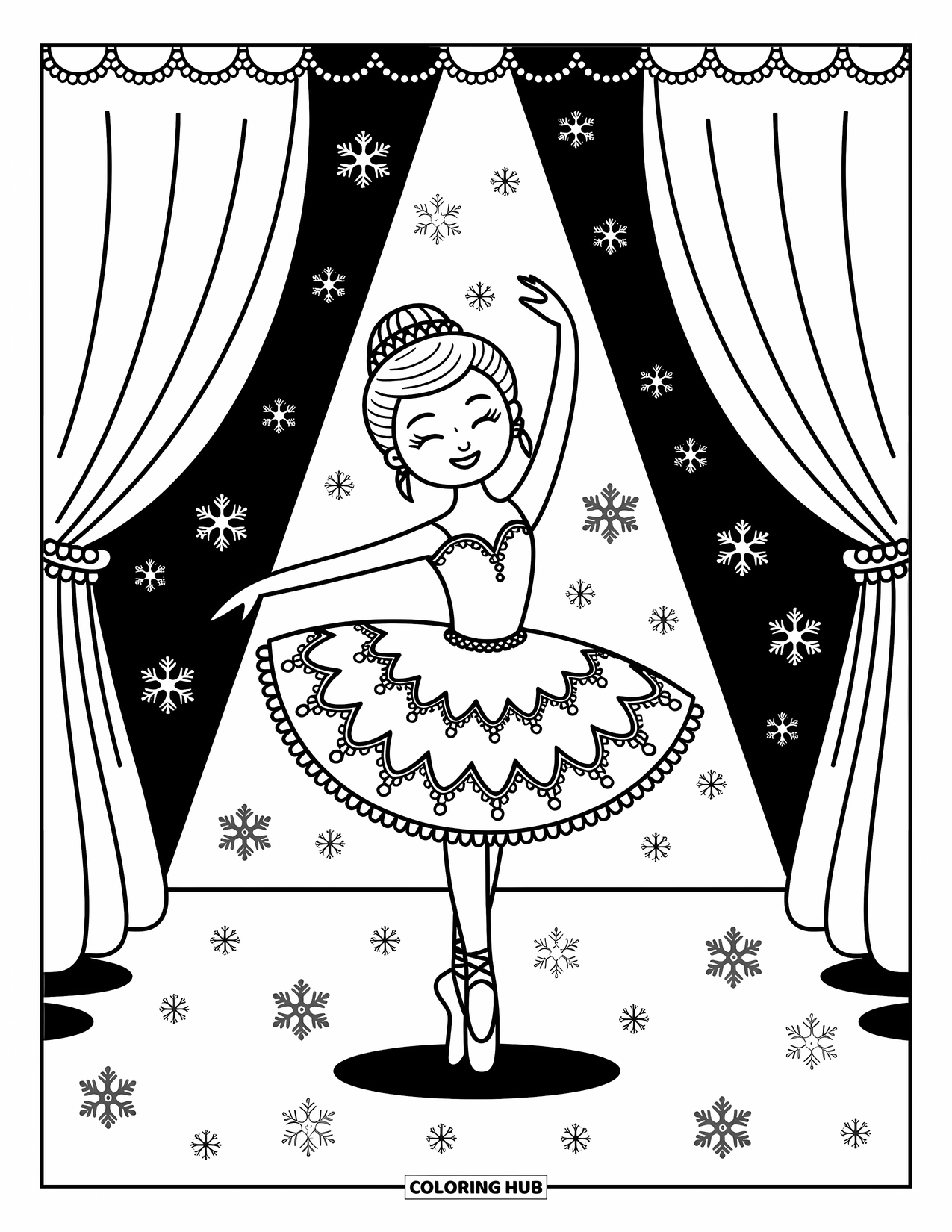 Ballet Coloring Page for Adults: A snowflake ballerina twirls gracefully beneath sparkling curtains and snowflakes