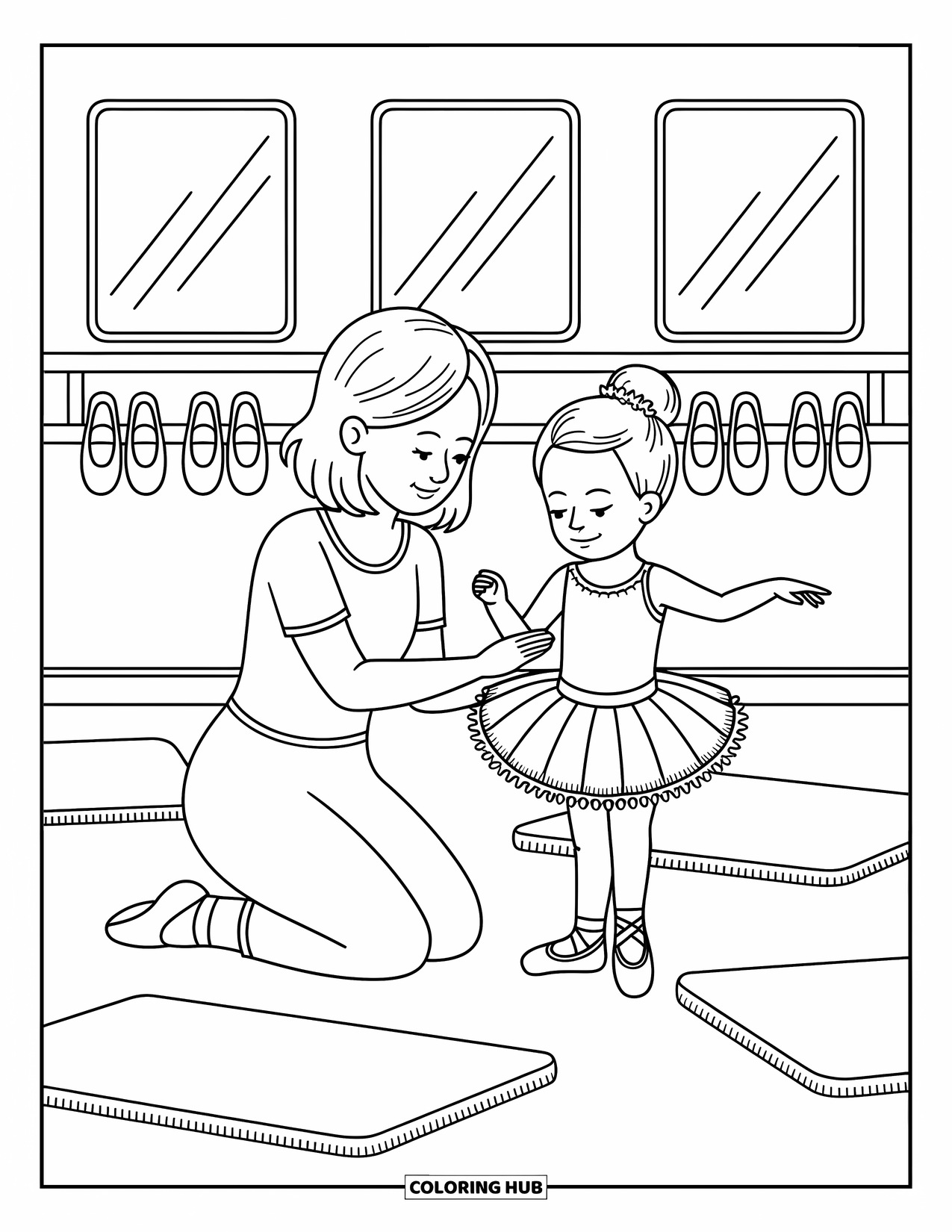 Ballet Coloring Page for Adults: A teacher helps a little ballerina learn her first dance position
