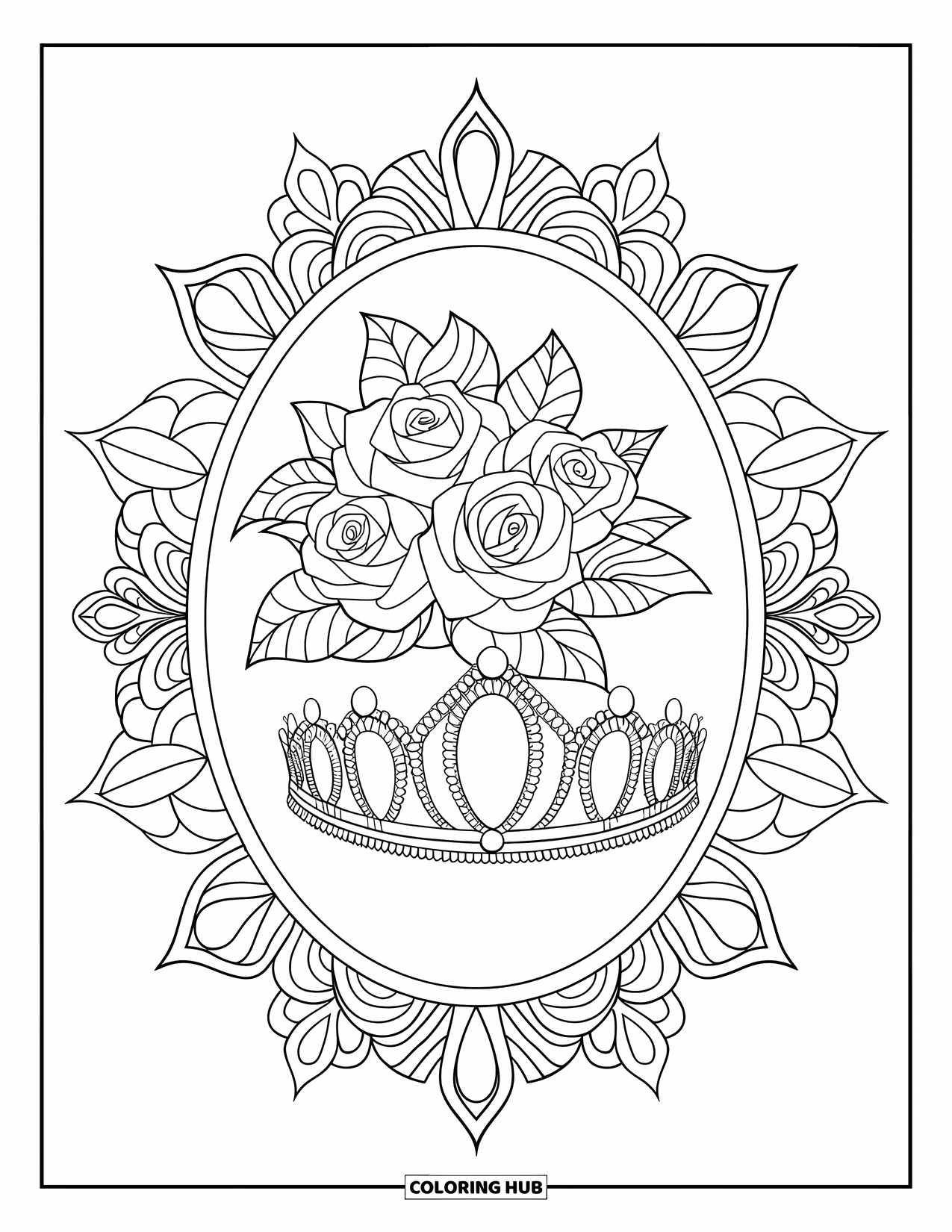 Ballet Coloring Page for Adults: A tiara and bouquet rest inside an ornate floral mandala frame