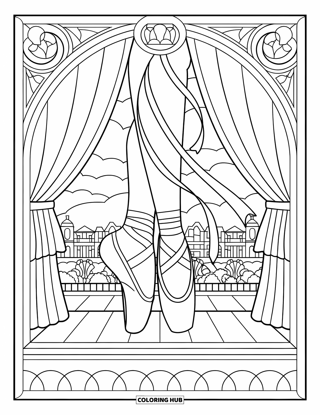 Ballet Coloring Page for Adults: Ballet shoes framed in stained glass with ribbons flowing across a stage