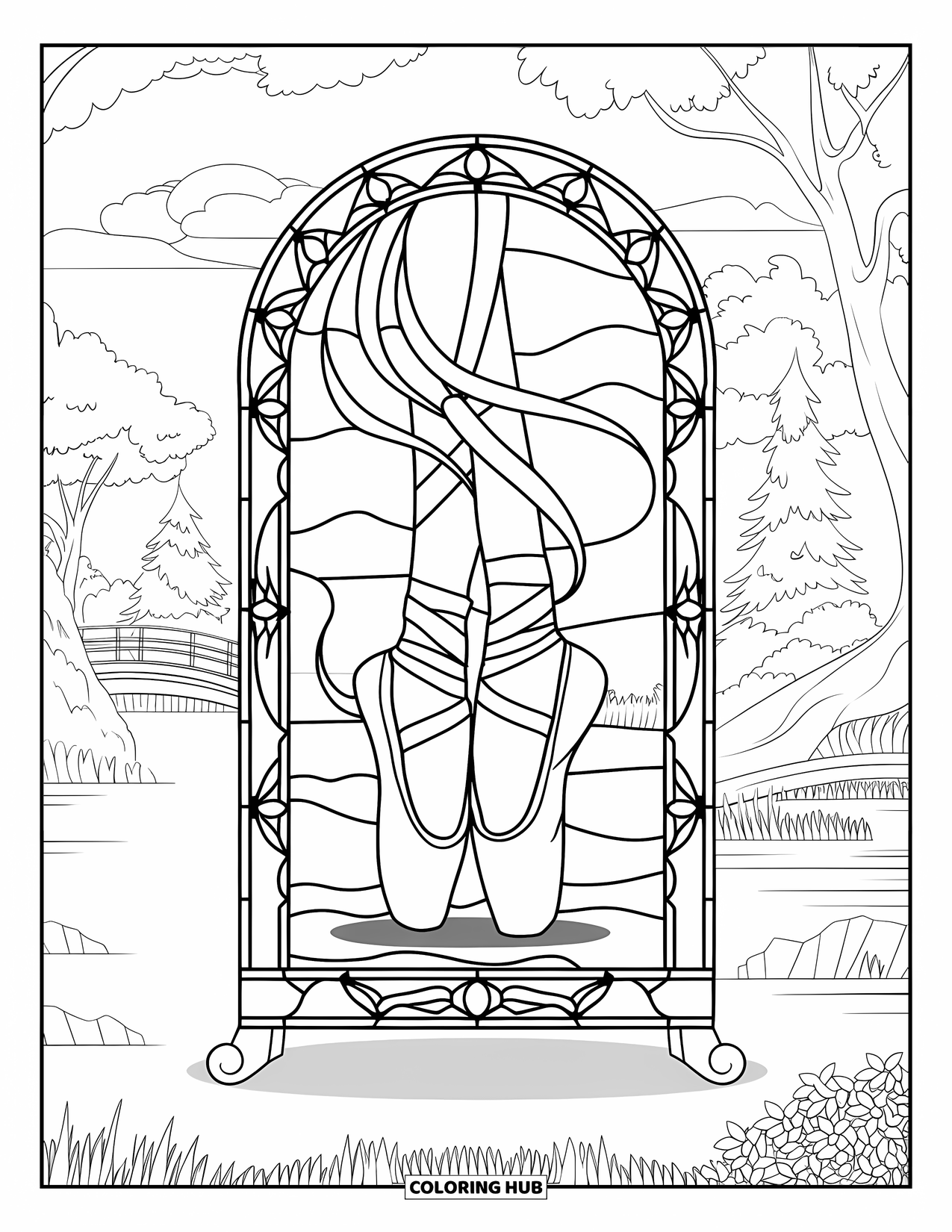Ballet Coloring Page for Adults: Ballet shoes with ribbons rest inside a stained-glass frame by the water