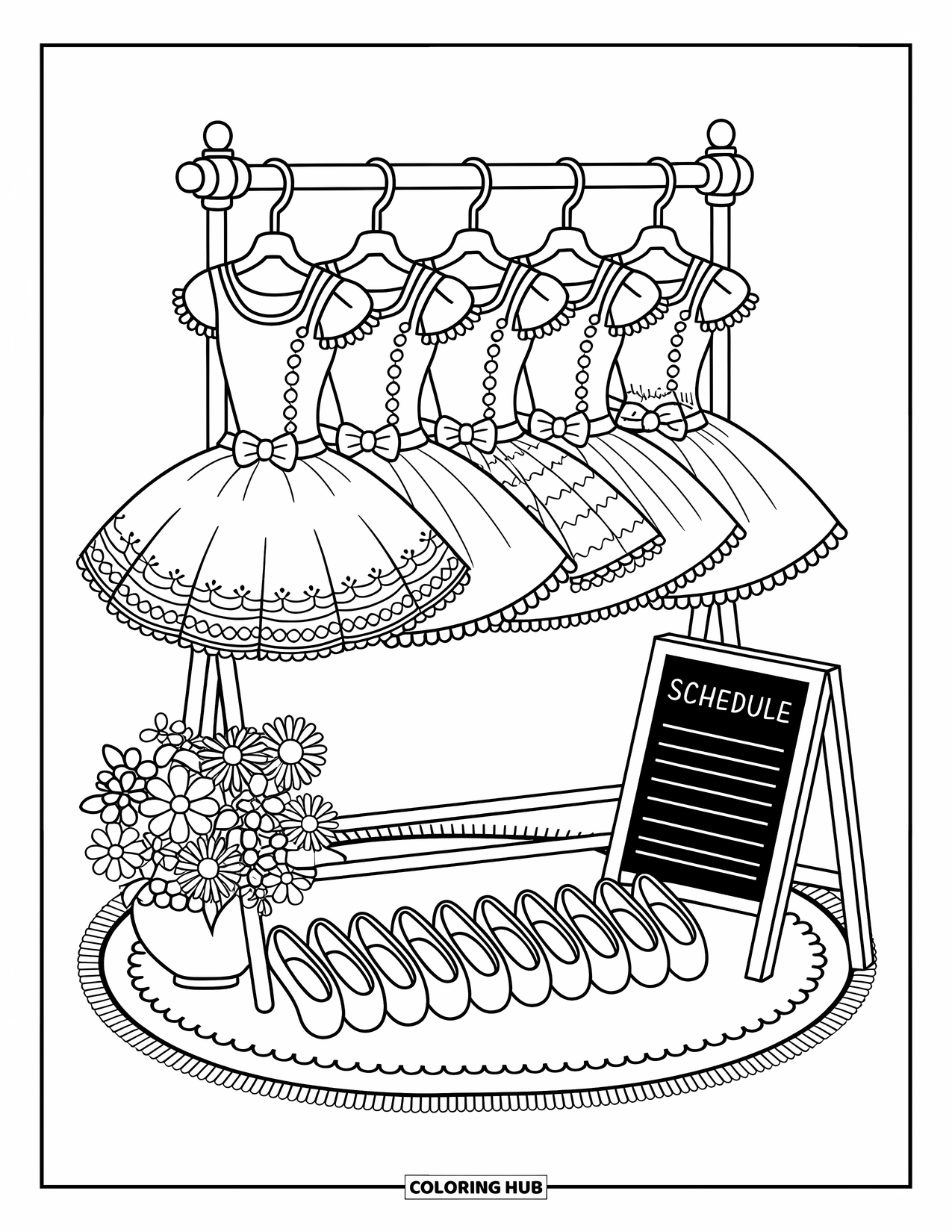 Ballet Coloring Page for Adults: Pretty tutus hang neatly on a rack above ballet shoes and flowers