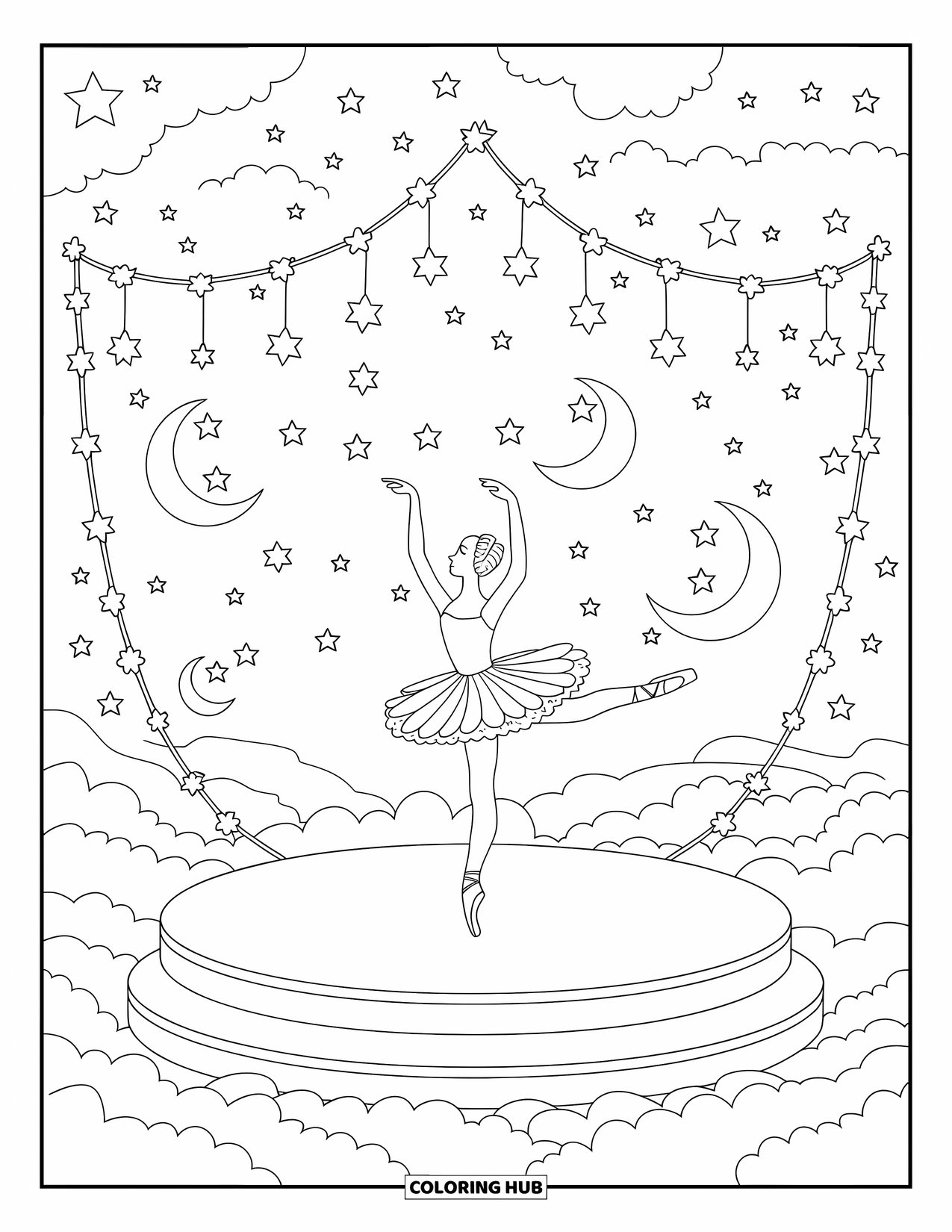 Ballet Coloring Page for Kids: A ballerina dances on cloud stages surrounded by moons and stars