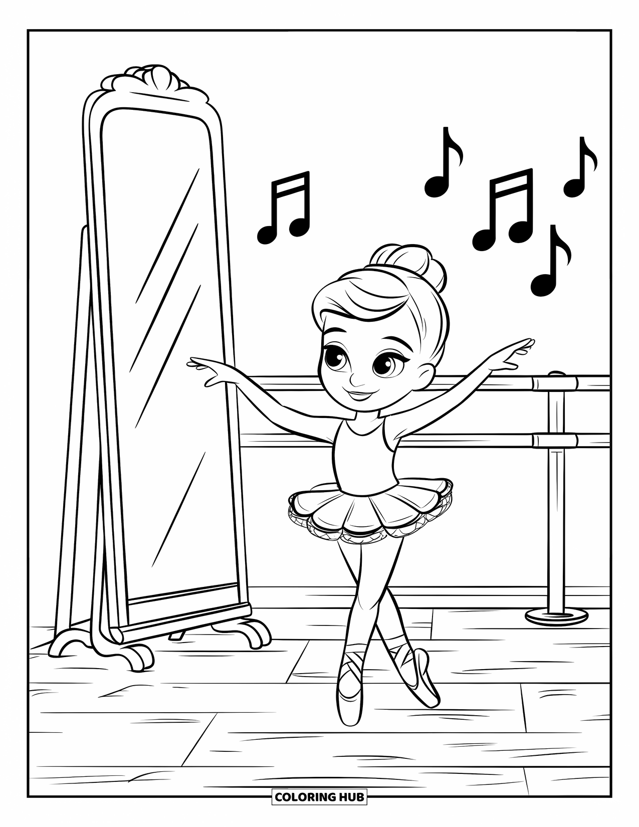 Ballet Coloring Page for Kids: A ballerina practices happily in a sunny dance studio