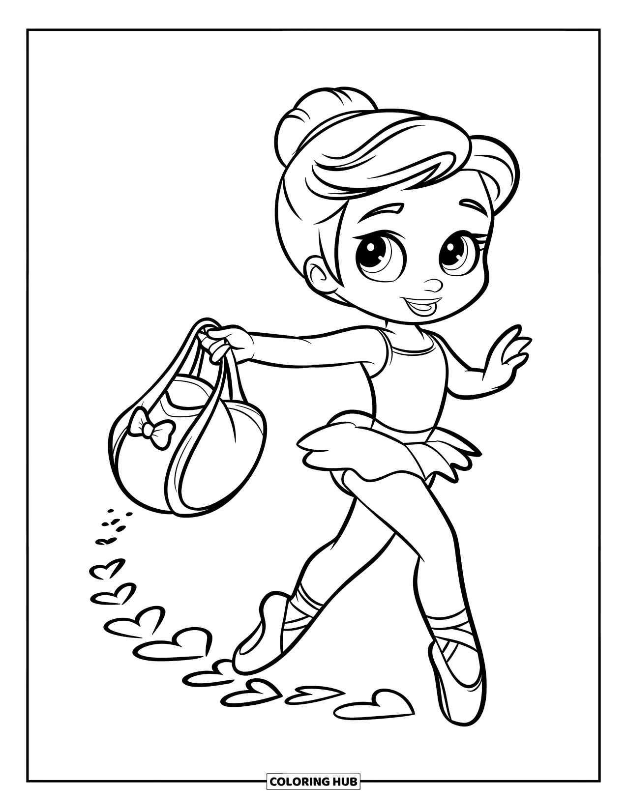 Ballet Coloring Page for Kids: A ballerina skips happily, leaving tiny heart steps behind her