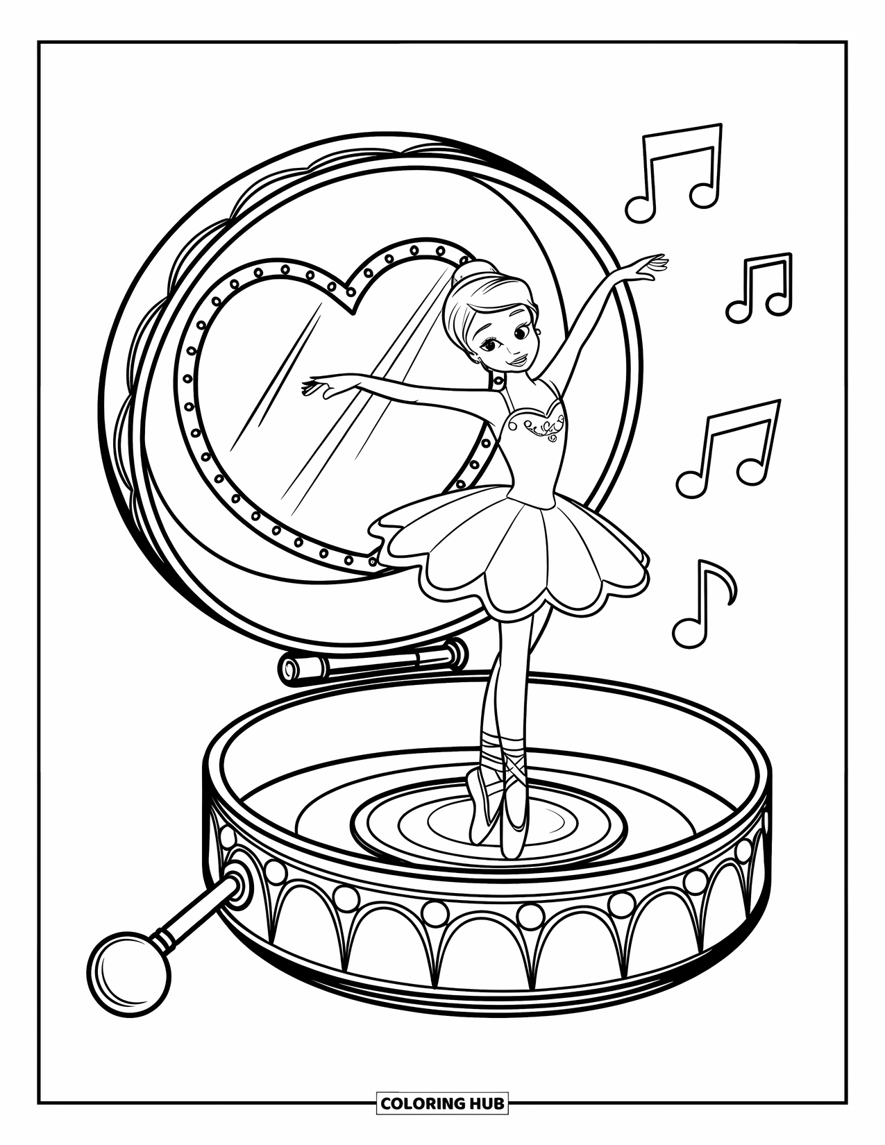 Ballet Coloring Page for Kids: A ballerina twirls inside a heart-decorated music box