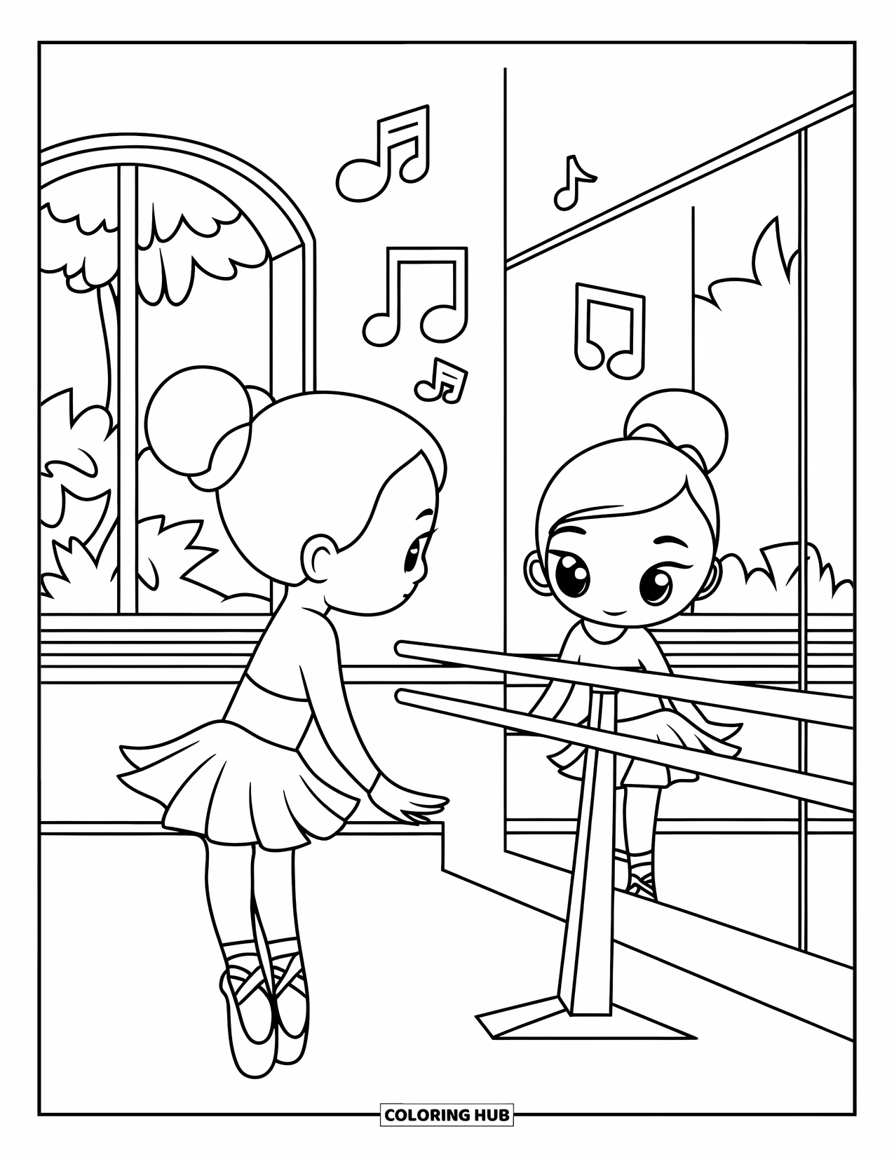 Ballet Coloring Page for Kids: A bright dance studio with a barre, mirror, and music notes