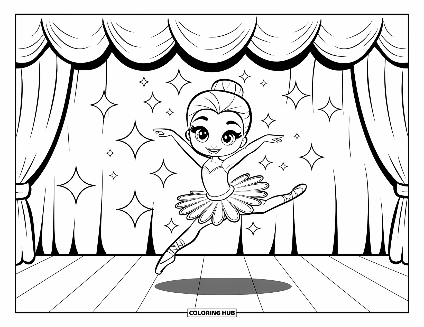 Ballet Coloring Page for Kids: A cheerful ballerina jumps mid-performance surrounded by glittering lights