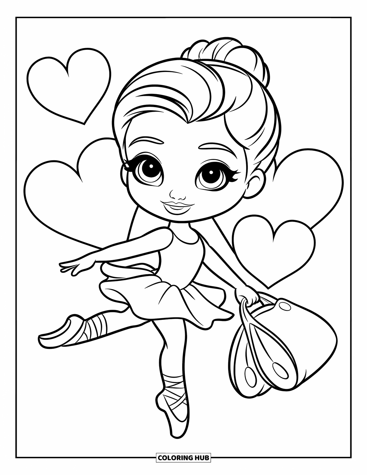 Ballet Coloring Page for Kids: A cheerful ballerina skips joyfully surrounded by floating hearts