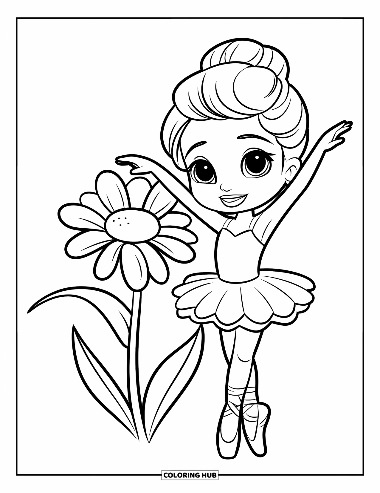 Ballet Coloring Page for Kids: A cheerful ballerina stands beside a bright flower, smiling proudly