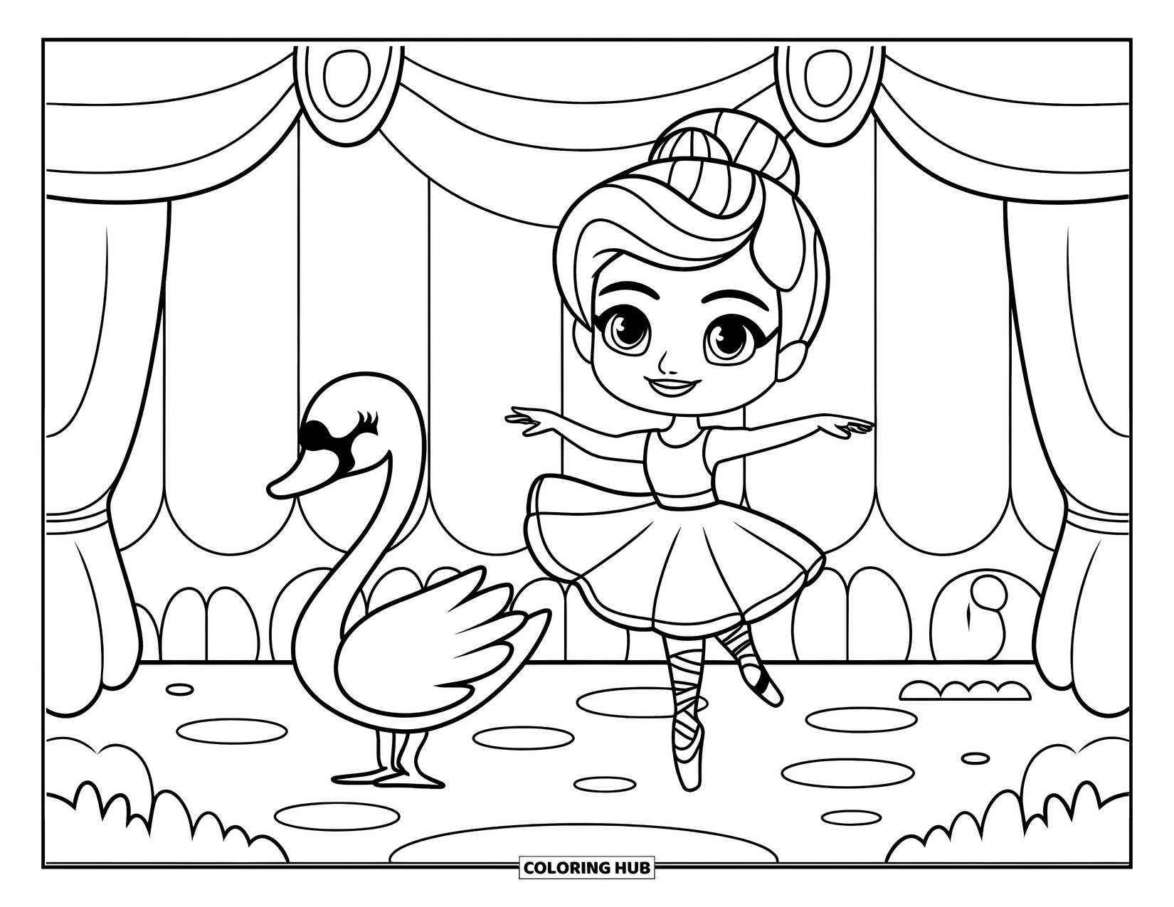 Ballet Coloring Page for Kids: A chibi ballerina twirls beside a swan on a pond stage