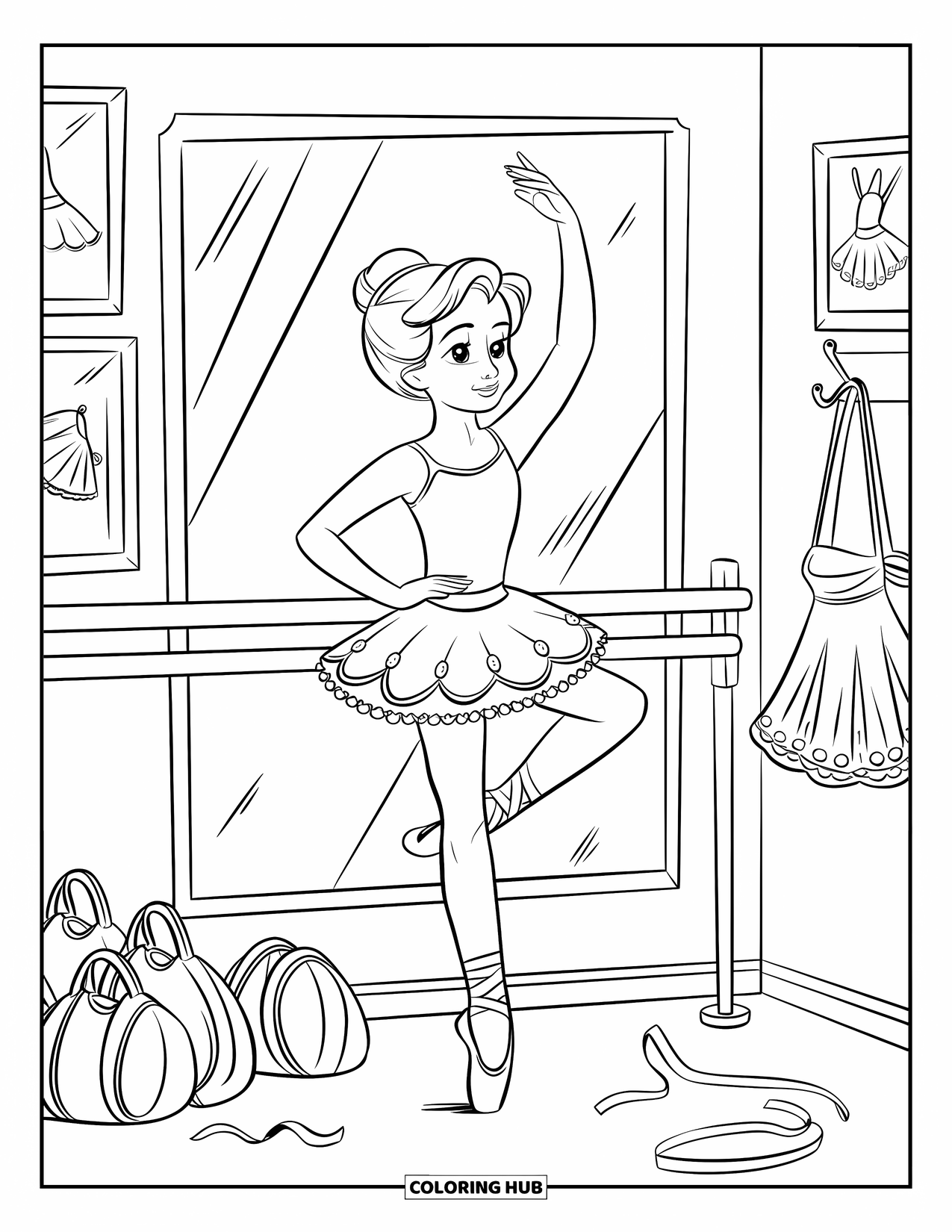Ballet Coloring Page for Kids: A dancer holds an arabesque near the barre in a cozy studio