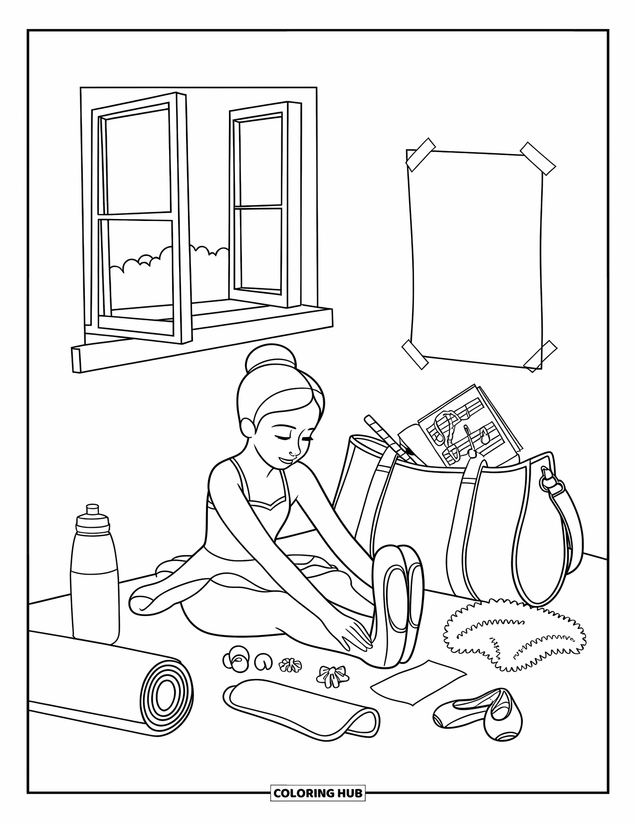 Ballet Coloring Page for Kids: A dancer warms up with her ballet bag and window breeze