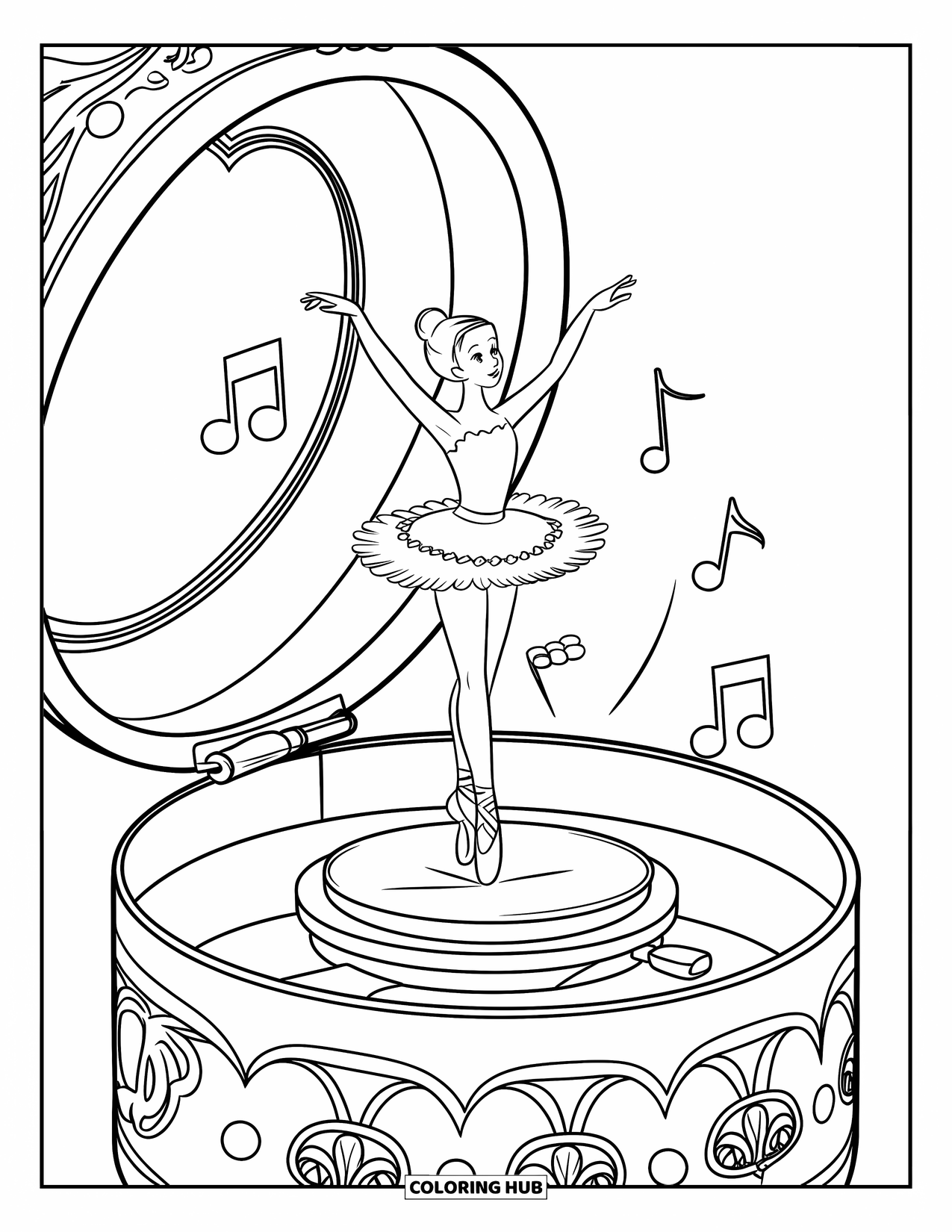 Ballet Coloring Page for Kids: A graceful ballerina spins inside a musical box with floating notes
