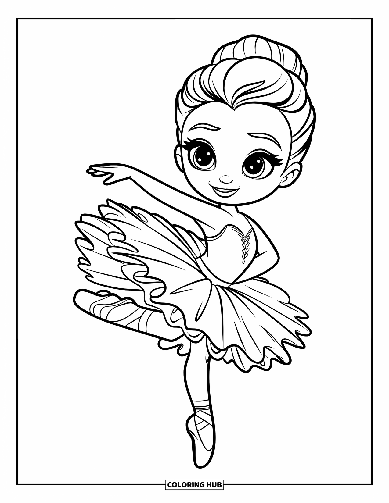Ballet Coloring Page for Kids: A happy ballerina practices her plié with a big smile