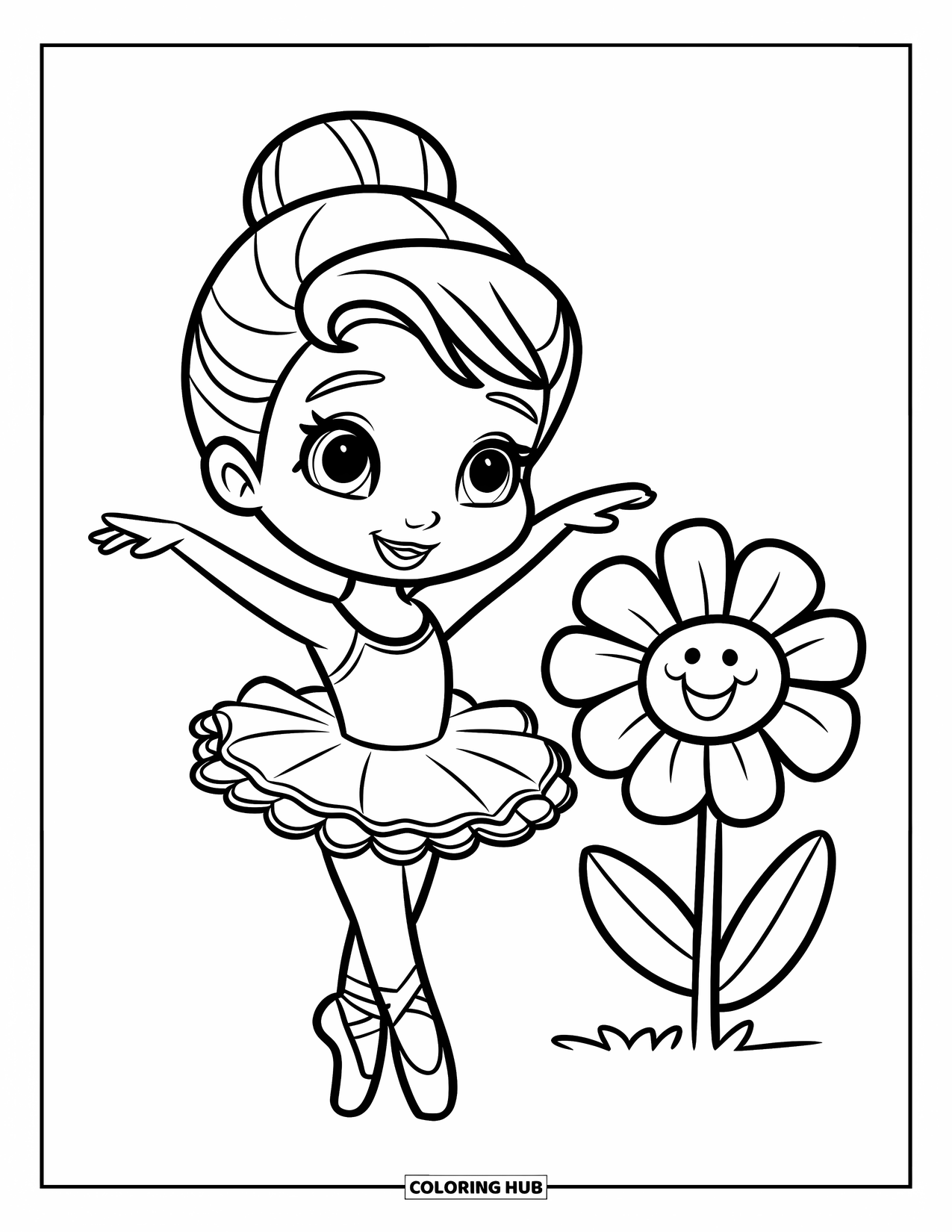 Ballet Coloring Page for Kids: A happy ballerina raises her arms beside a tall flower