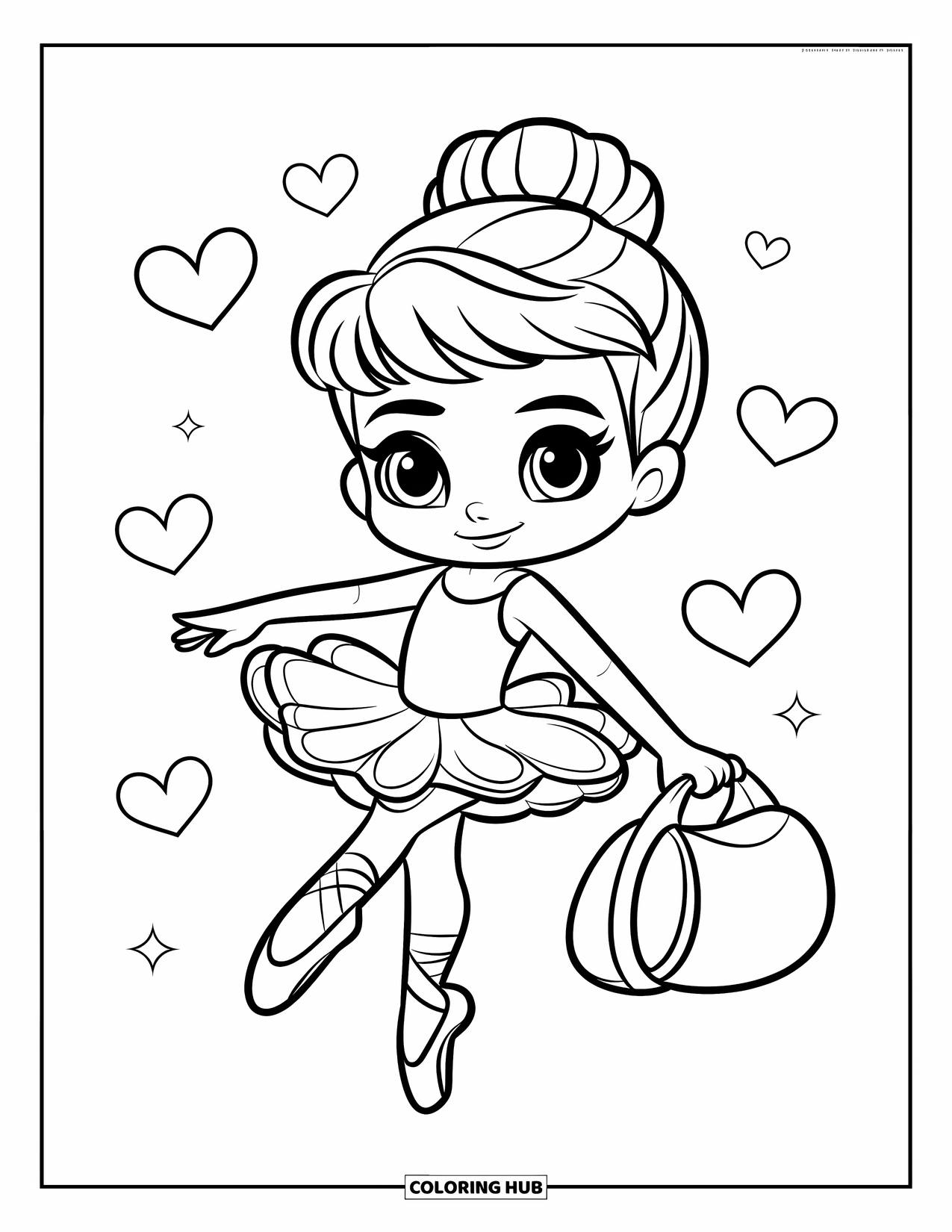 Ballet Coloring Page for Kids: A happy chibi ballerina skips with her dance bag and hearts