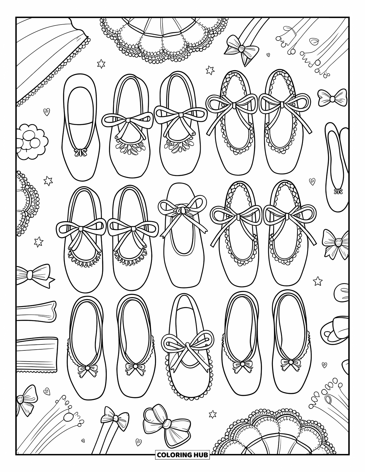 Ballet Coloring Page for Kids: Cute ballet slippers arranged neatly with bows and charms