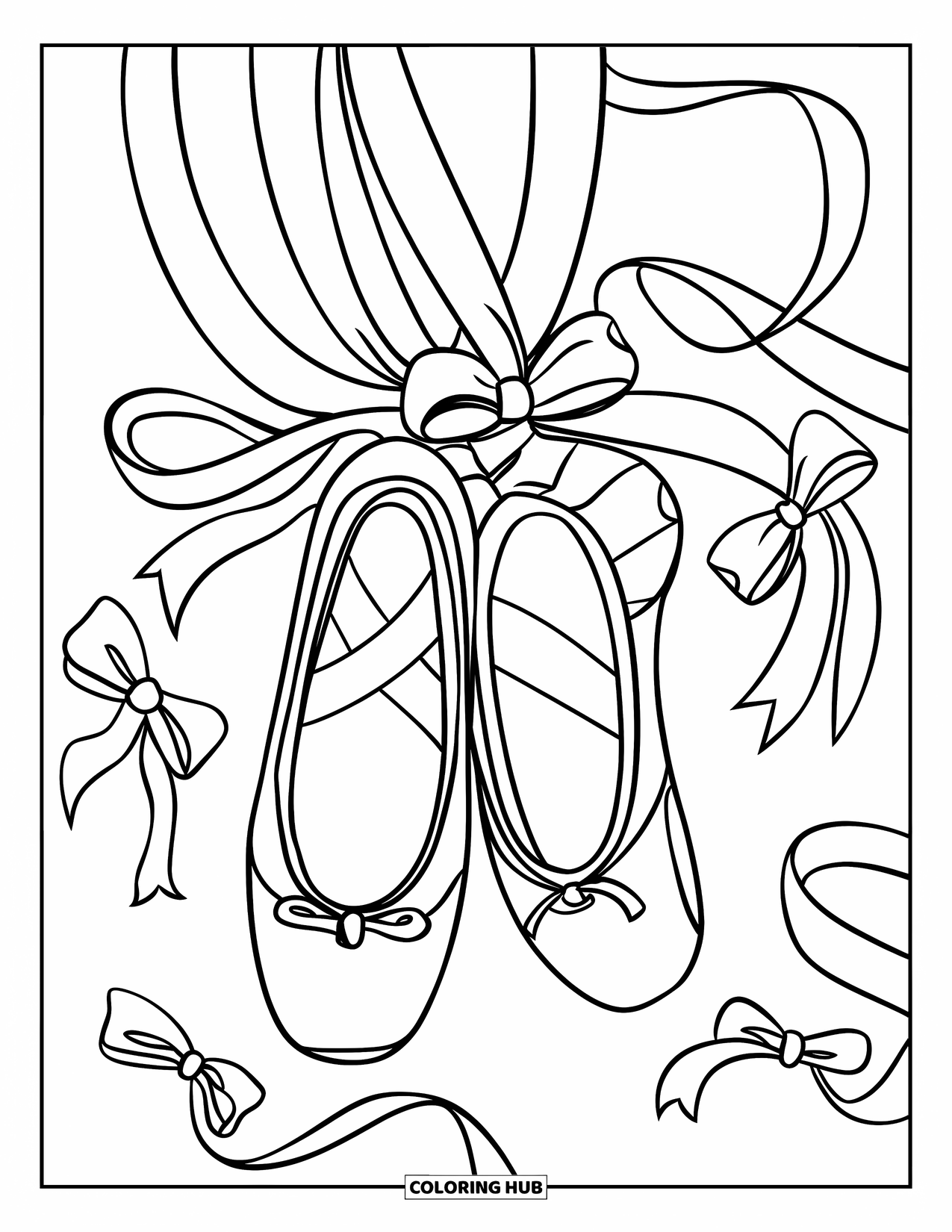 Ballet Coloring Page for Kids: Floating ballet slippers surrounded by playful bows and ribbons