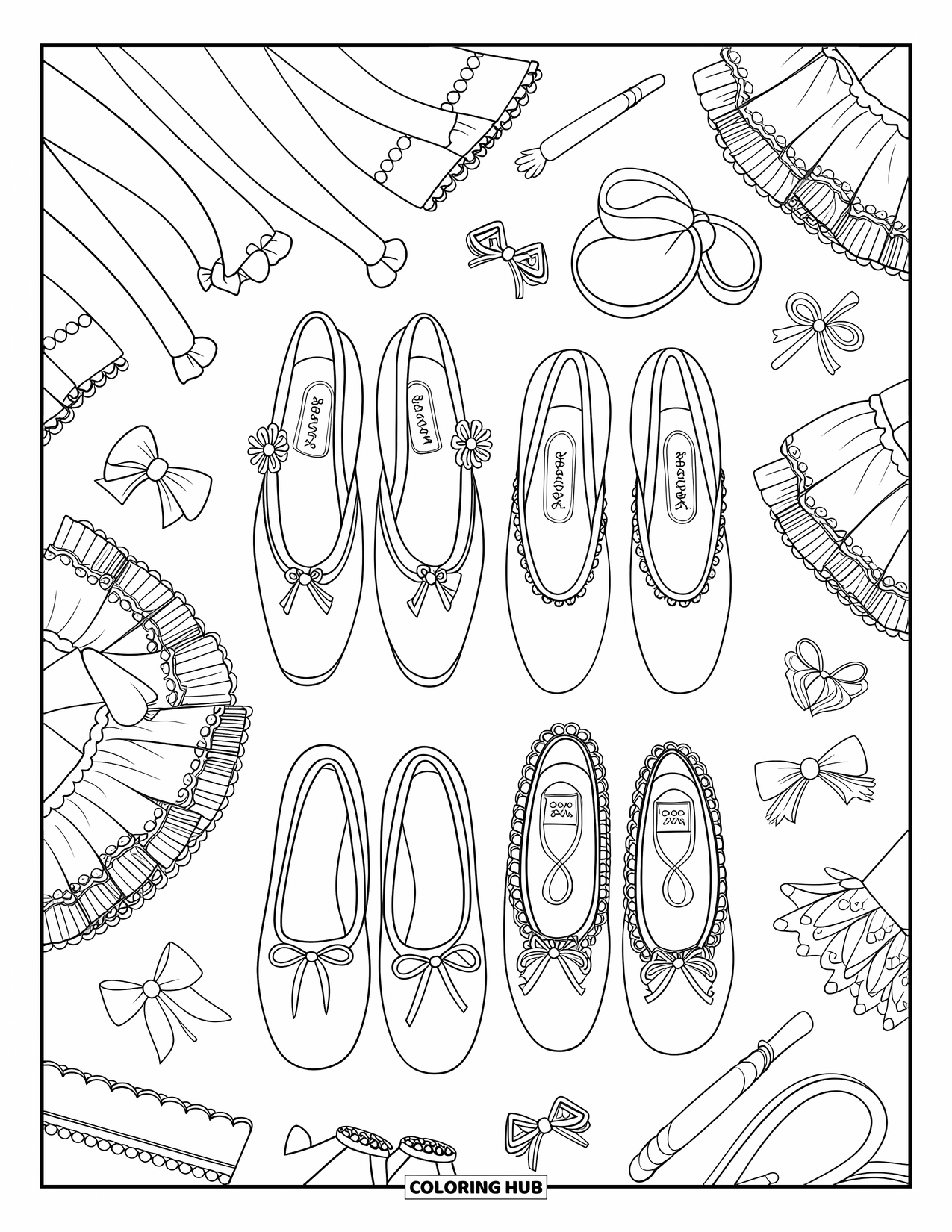 Ballet Coloring Page for Kids: Rows of kawaii ballet shoes surrounded by ribbons and tutus