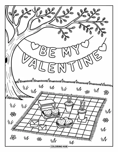 Sei-mein-Valentinsgruß-Ausmalbild für Erwachsene: Ein gemütliches Picknick unter einem Baum mit herzförmigen Blättern und einem Liebesbanner