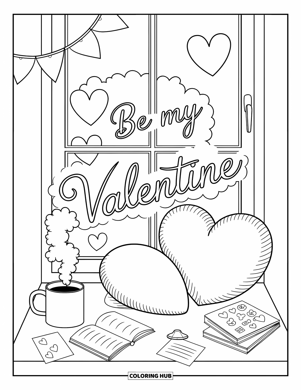 Be My Valentine Coloring Page for Adults: A cozy window with taped hearts glows softly with a sweet love message