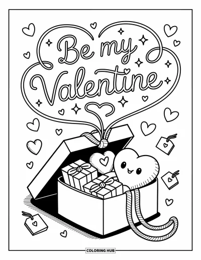 Sei-mein-Valentinsgruß-Ausmalbild für Erwachsene: Eine süße Geschenkbox voller Zettel und Kuscheltiere buchstabiert “Sei mein Valentinsgruß”