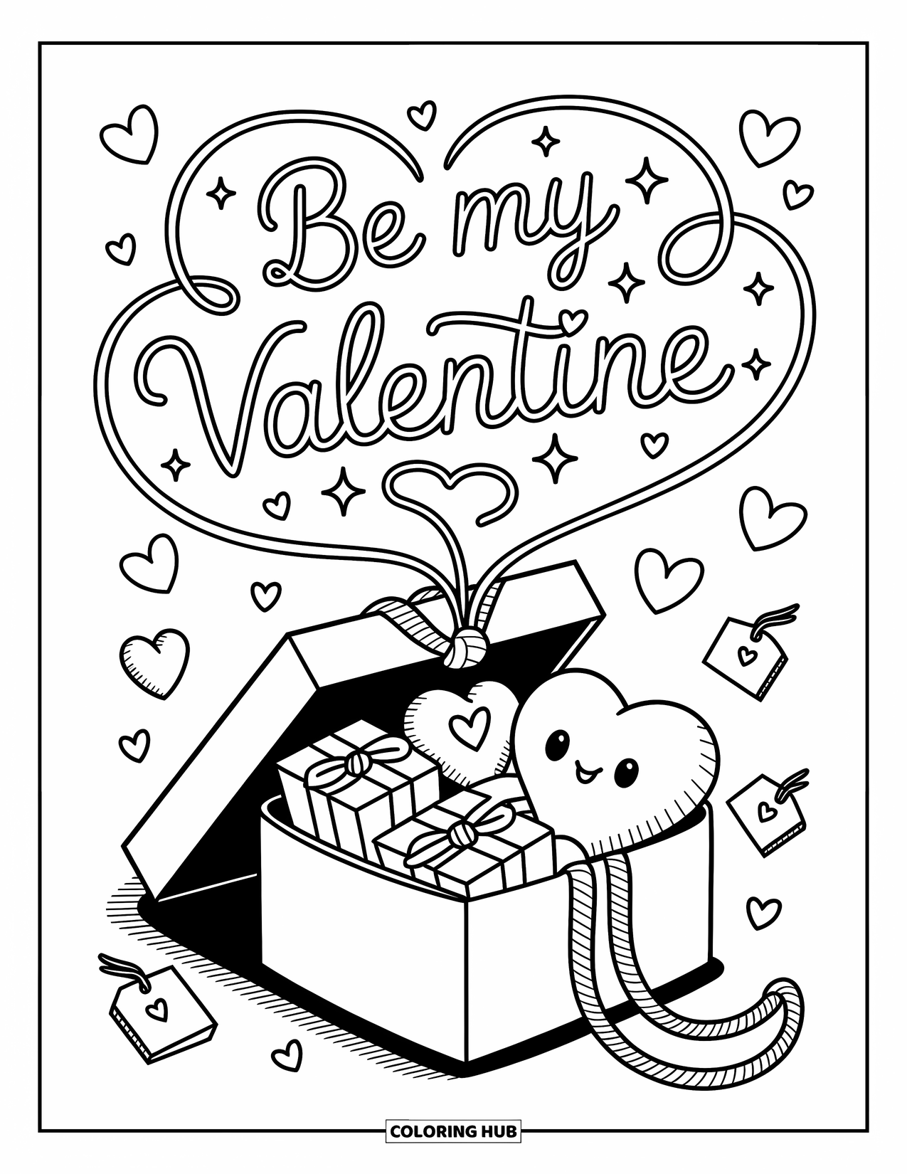 Be My Valentine Coloring Page for Adults: A cute gift box filled with notes and plushies spells out "Be My Valentine"