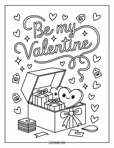 Sei-mein-Valentinsgruß-Ausmalbild für Erwachsene: Eine Herzschachtel mit Geschenken und Bändern lässt Funken aufsteigen, die “Be My Valentine” formen
