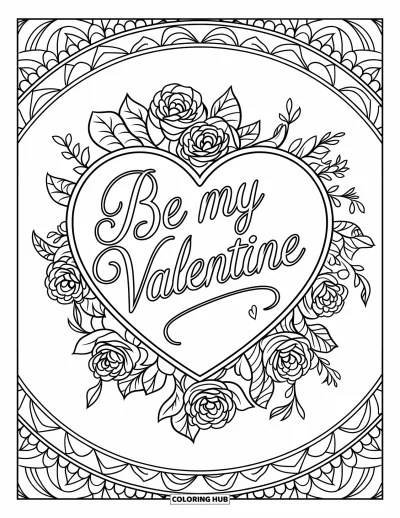 Sei-mein-Valentinsgruß-Ausmalbild für Erwachsene: Ein von floralen Ranken umgebenes Herz trägt eine elegante Valentins-Beschriftung