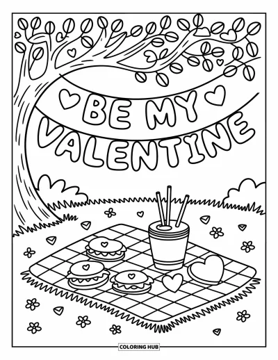 Sei-mein-Valentinsgruß-Ausmalbild für Erwachsene: Eine Picknickdecke mit Leckereien liegt unter einem Banner “Be My Valentine”