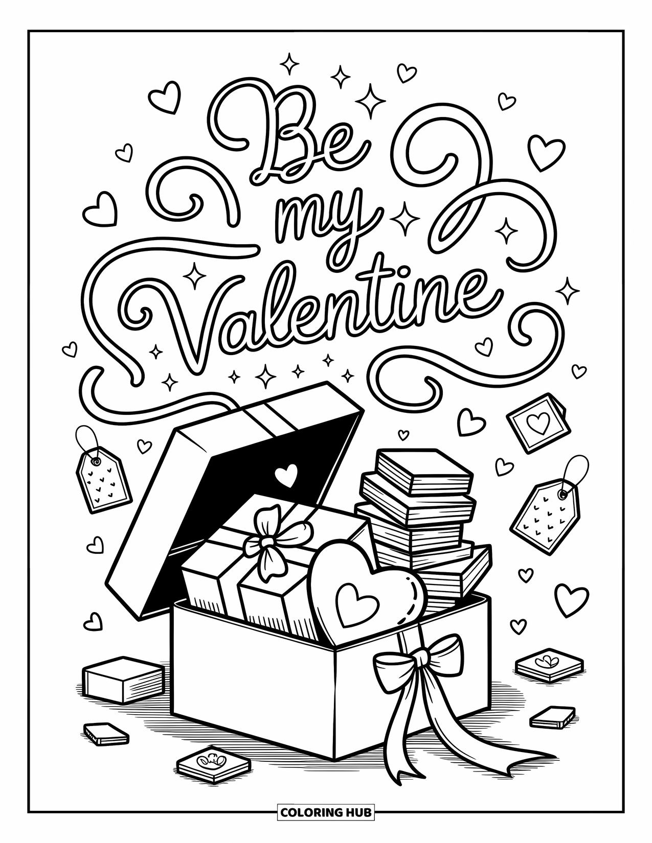 Be My Valentine Coloring Page for Adults: A ribboned gift box bursts open with hearts and a glowing valentine message