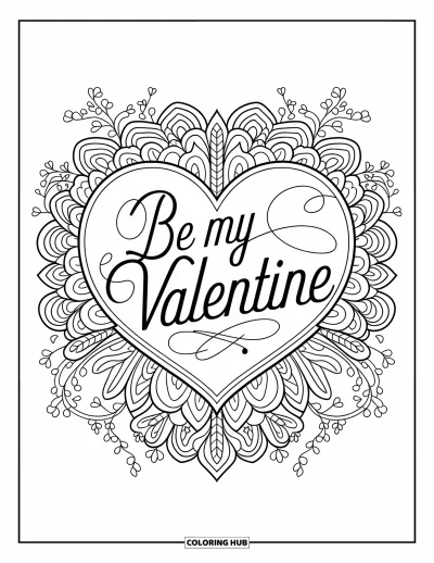Sei-mein-Valentinsgruß-Ausmalbild für Erwachsene: Ein romantisches Herz mit Blumen-Mandalas trägt die Aufschrift "Be My Valentine"