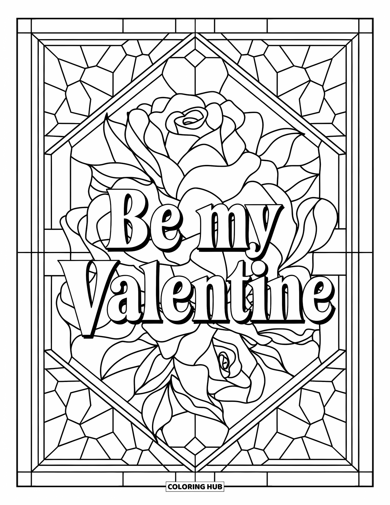 Be My Valentine Coloring Page for Adults: A rose bouquet blooms inside a stained glass heart with loving words