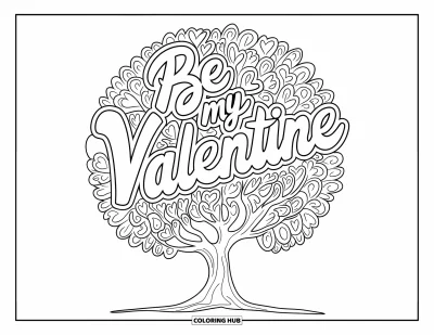 Sei-mein-Valentinsgruß-Ausmalbild für Erwachsene: Ein schlichter Herzblatt-Baum bildet einen Mandala-Kreis mit liebevollem Text